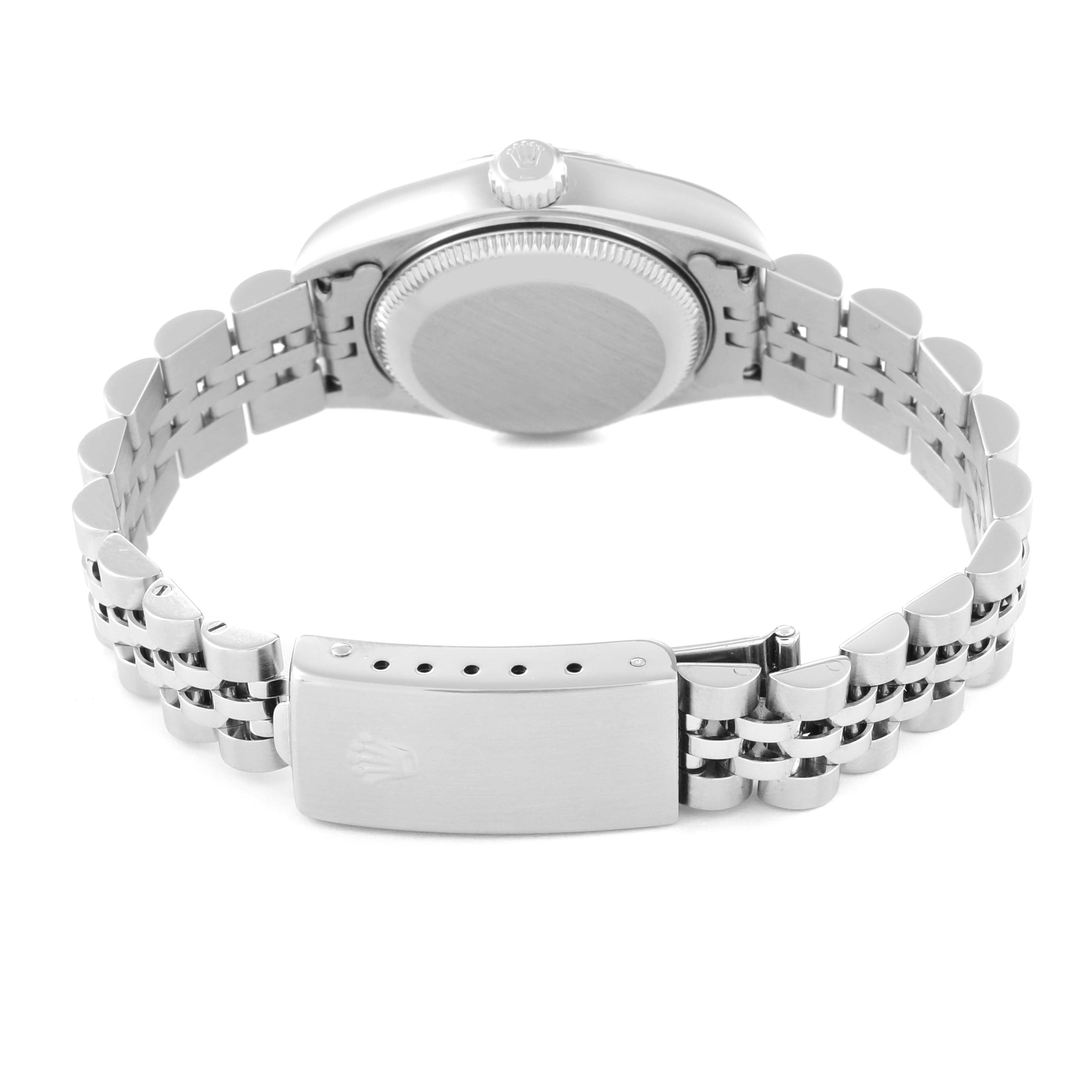 This image shows the back of the Rolex Datejust 79174 Women's Stainless Steel Mother of Pearl Dial 79174 Women's Stainless Steel Mother of Pearl Dial watch including its closed case back and Jubilee bracelet with clasp.