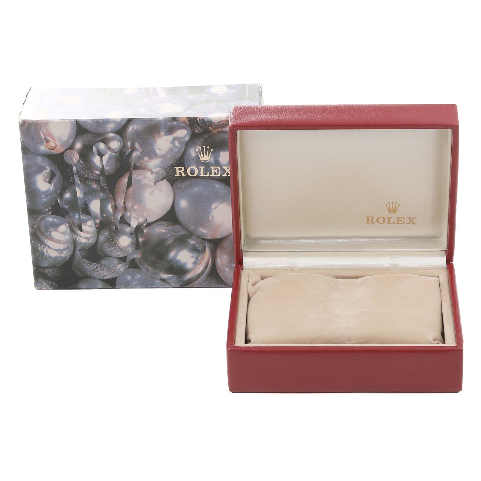The image displays a Rolex Datejust 79174 Women's Stainless Steel Mother of Pearl Dial 79174 Women's Stainless Steel Mother of Pearl Dial watch box open, revealing its cushion, with the outer box in the background.