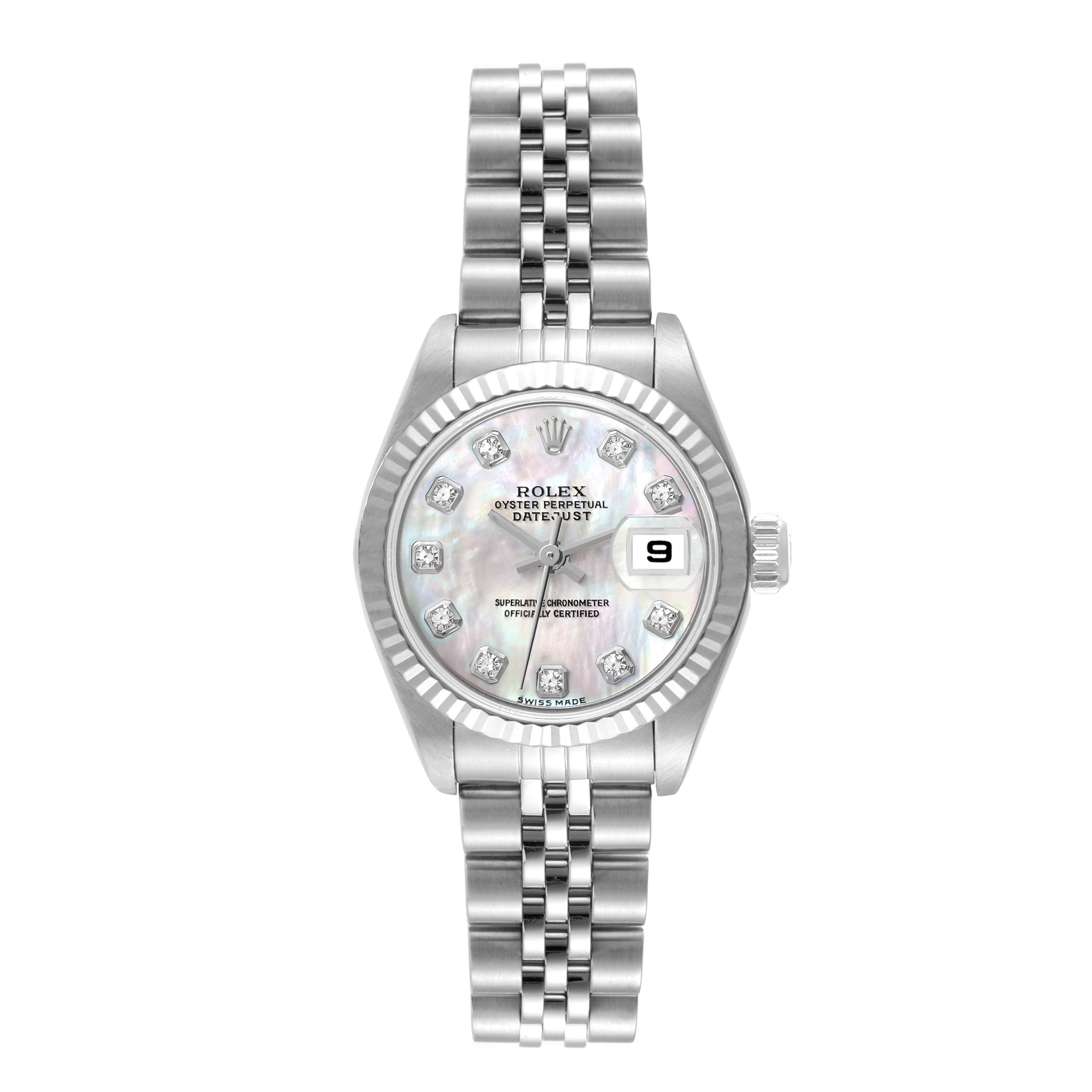 This image shows a Rolex Datejust 79174 Women's Stainless Steel Mother of Pearl Dial 79174 Women's Stainless Steel Mother of Pearl Dial watch from the front, displaying its face, bezel, bracelet, and dial with diamond markers.