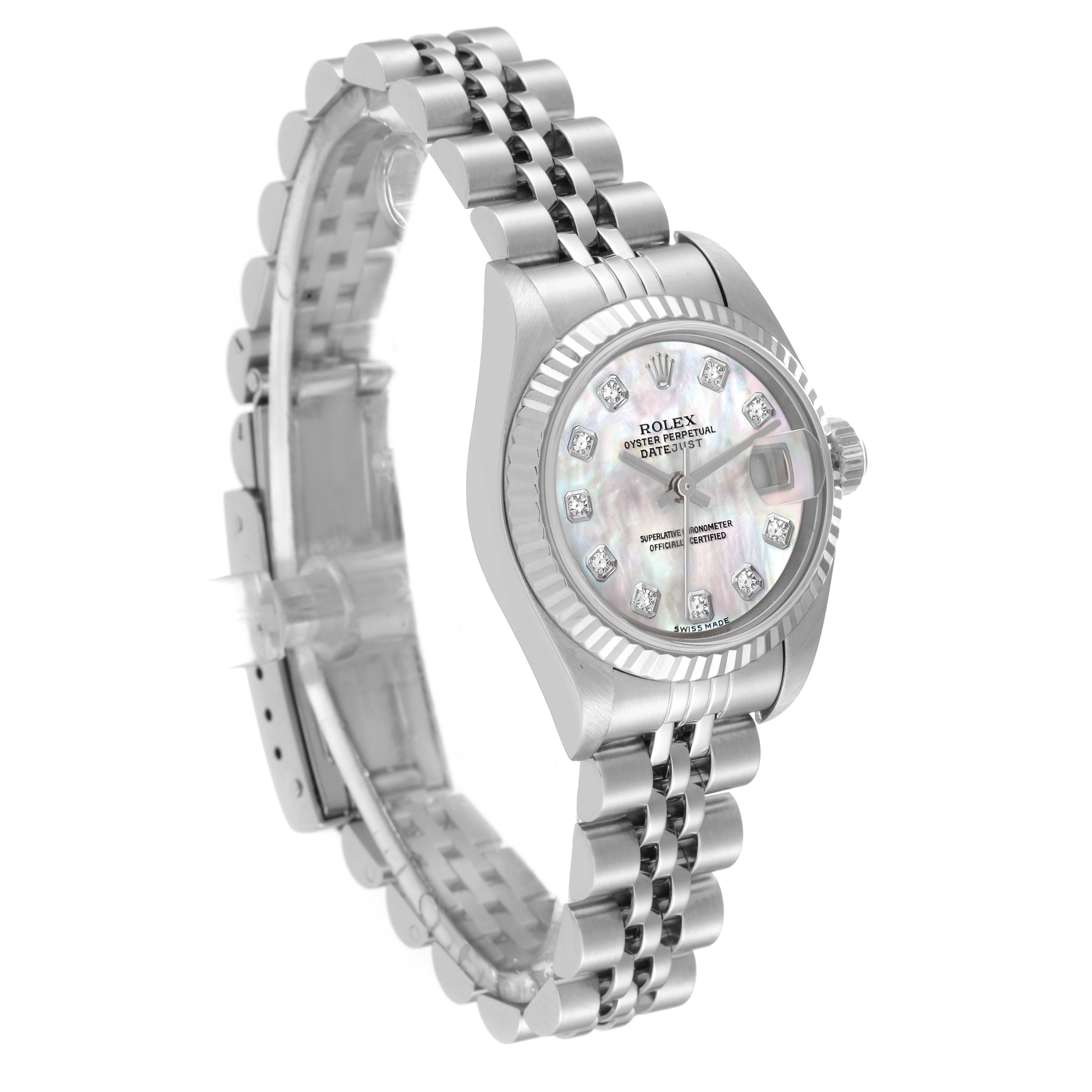 The image shows a Rolex Datejust 79174 Women's Stainless Steel Mother of Pearl Dial 79174 Women's Stainless Steel Mother of Pearl Dial watch at a three-quarter angle, highlighting the band, bezel, and face.