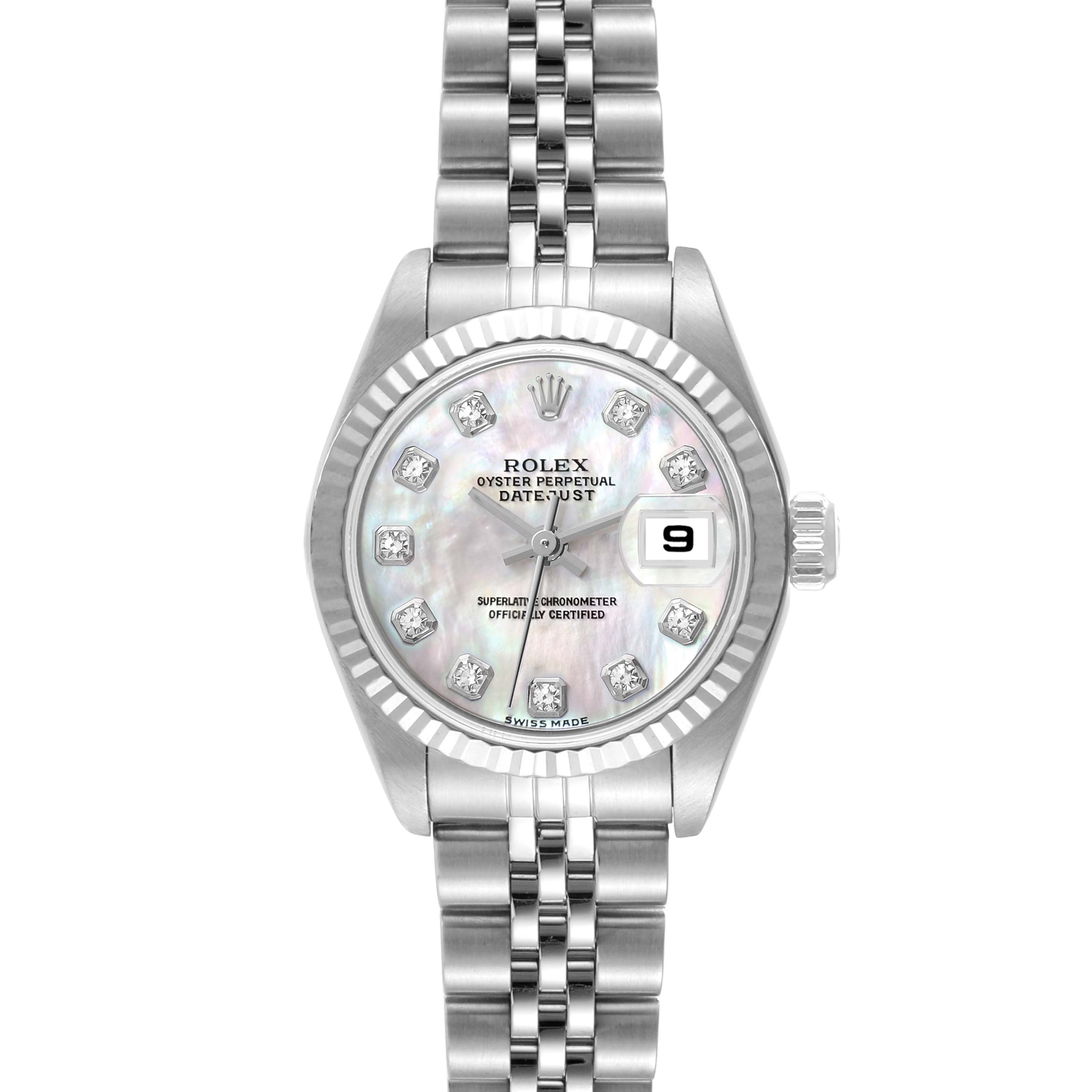 The Rolex Datejust 79174 Women's Stainless Steel Mother of Pearl Dial 79174 Women's Stainless Steel Mother of Pearl Dial watch is shown from a front angle, displaying the face, bezel, and bracelet.