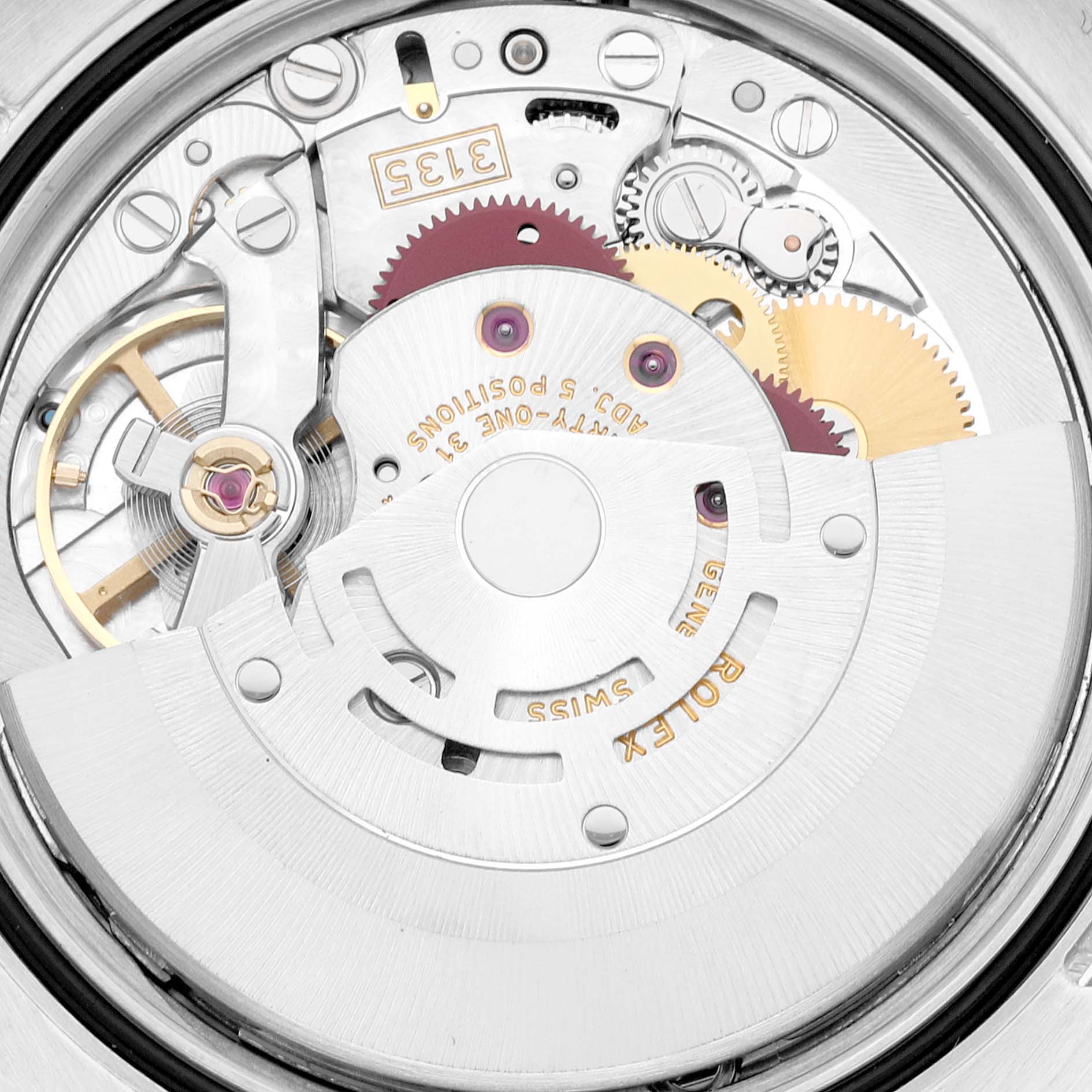 The image shows the movement mechanism of a Rolex Datejust 116234 Men's Stainless Steel Silver Dial 116234 Men's Stainless Steel Silver Dial watch, viewed from the back.