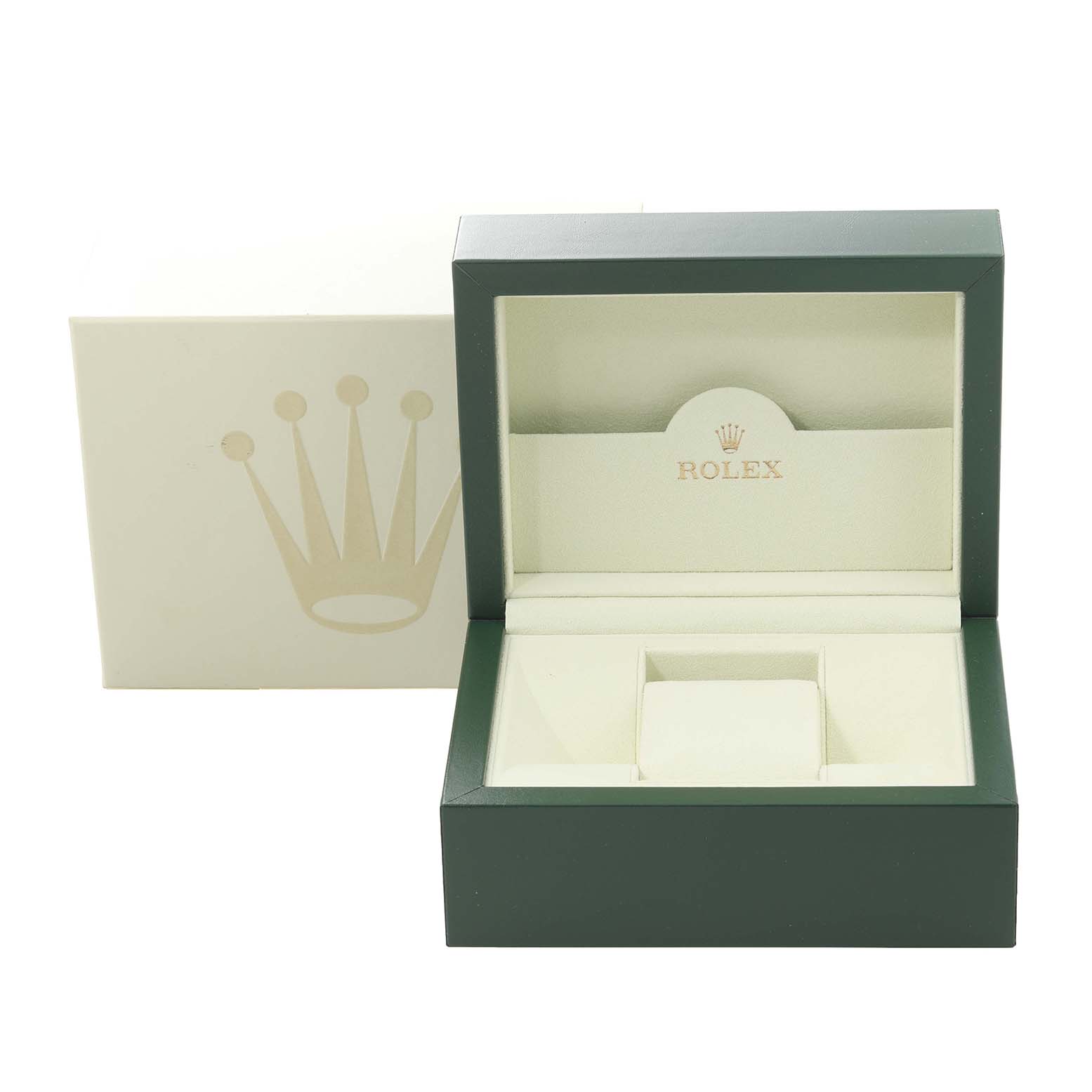 This image shows an open green and beige box for the Rolex Datejust 116234 Men's Stainless Steel Silver Dial 116234 Men's Stainless Steel Silver Dial watch, revealing the interior cushion and the Rolex logo.