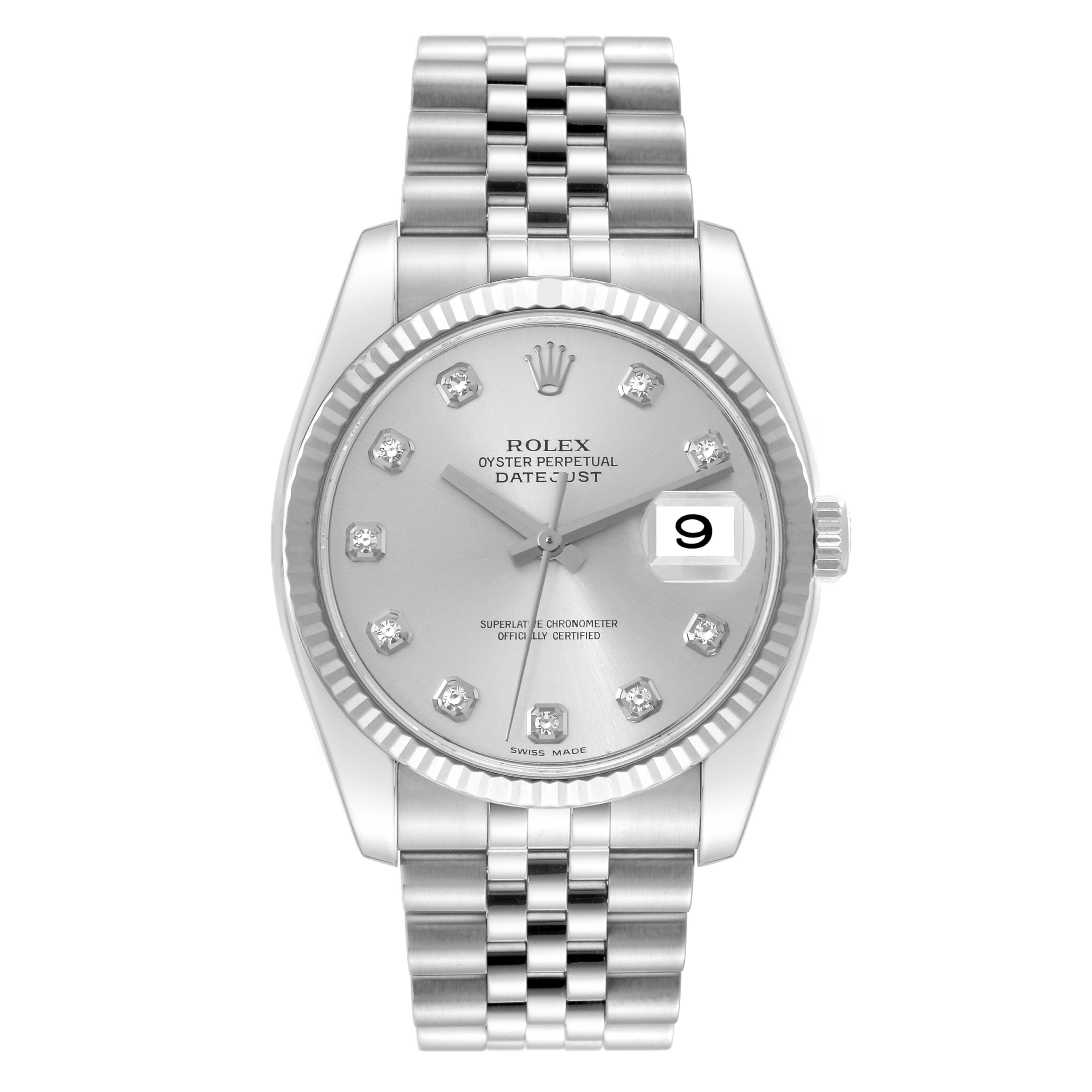 This image shows a frontal view of a Rolex Datejust 116234 Men's Stainless Steel Silver Dial 116234 Men's Stainless Steel Silver Dial watch, highlighting its dial, bezel, and bracelet.