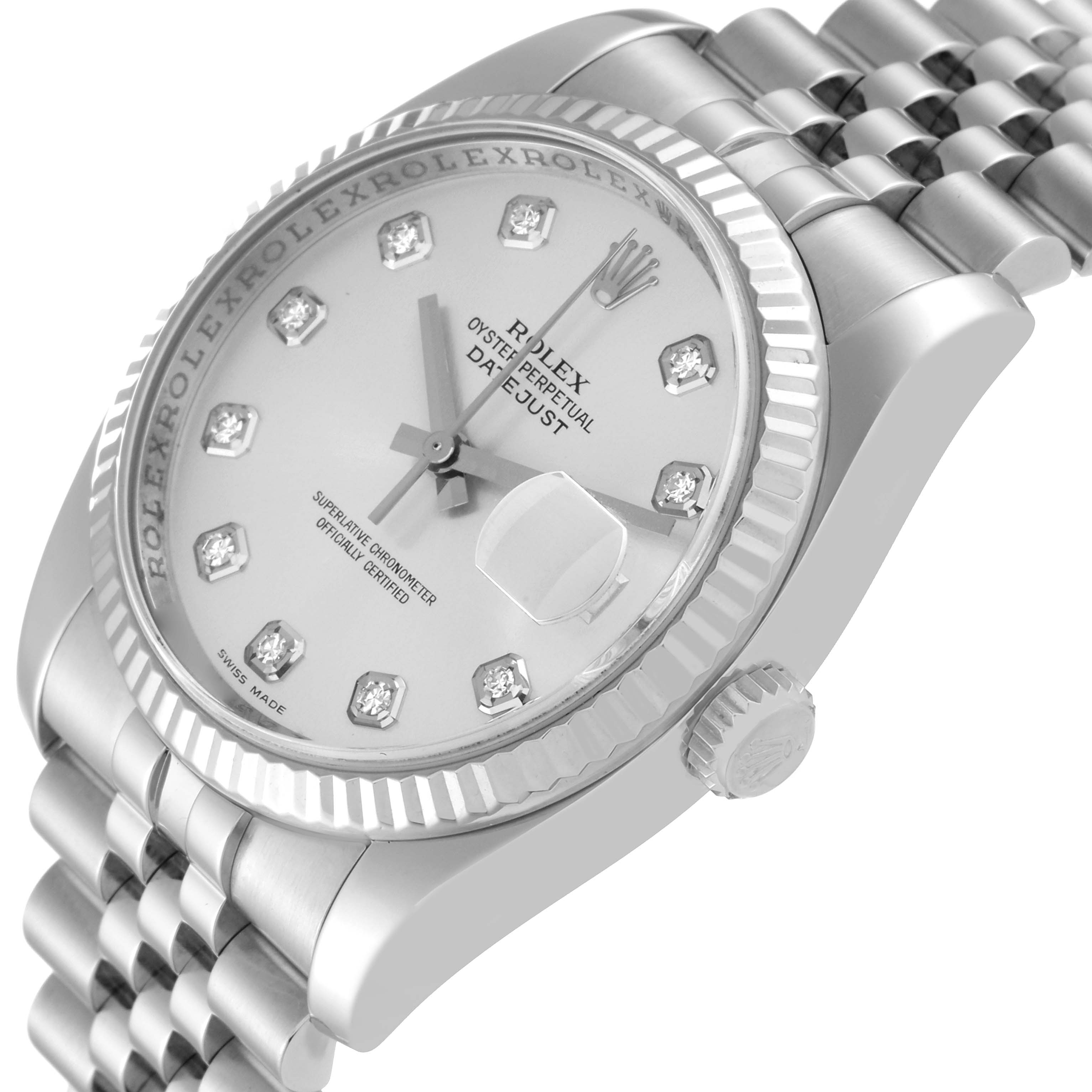 The image shows a close-up, angled view of the Rolex Datejust 116234 Men's Stainless Steel Silver Dial 116234 Men's Stainless Steel Silver Dial watch, highlighting the face, bezel, crown, and part of the bracelet.