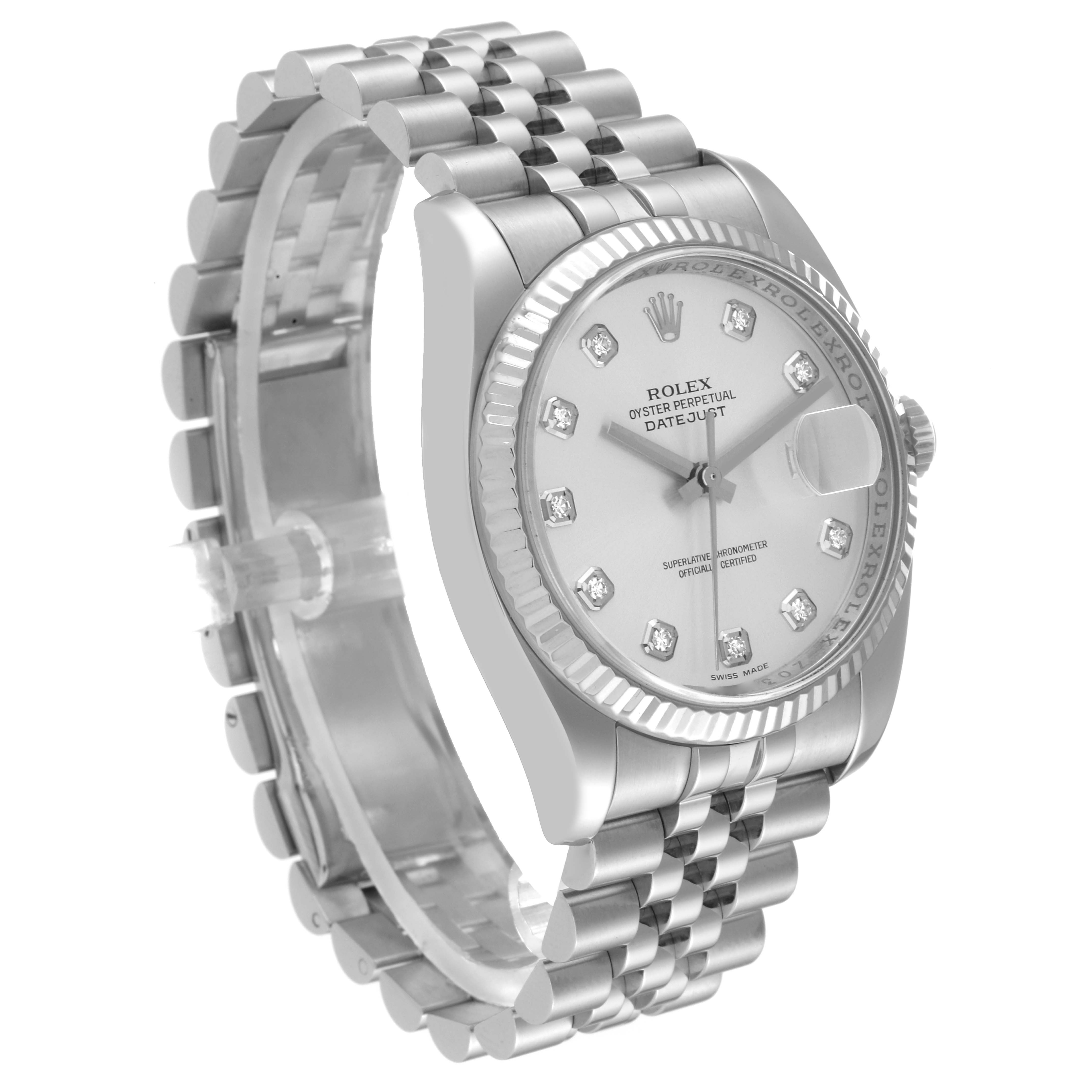 The image shows a Rolex Datejust 116234 Men's Stainless Steel Silver Dial 116234 Men's Stainless Steel Silver Dial watch from a three-quarter angle, highlighting the dial, bezel, and bracelet.