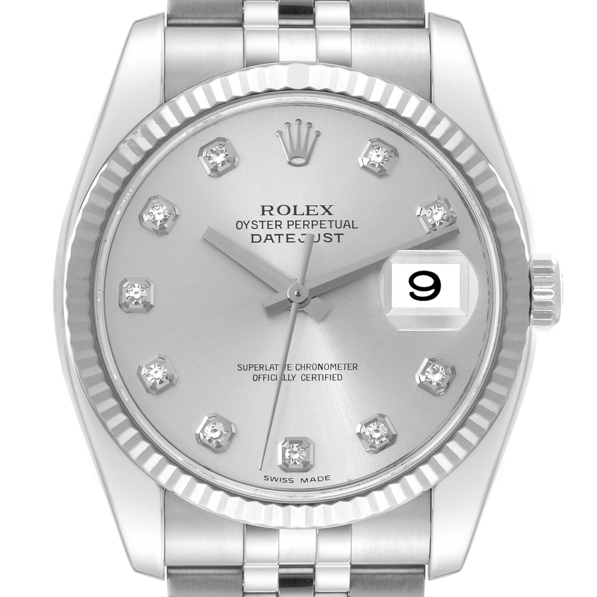 The image shows a front view of the Rolex Datejust 116234 Men's Stainless Steel Silver Dial 116234 Men's Stainless Steel Silver Dial watch, highlighting the dial, hour markers, date window, and bezel.