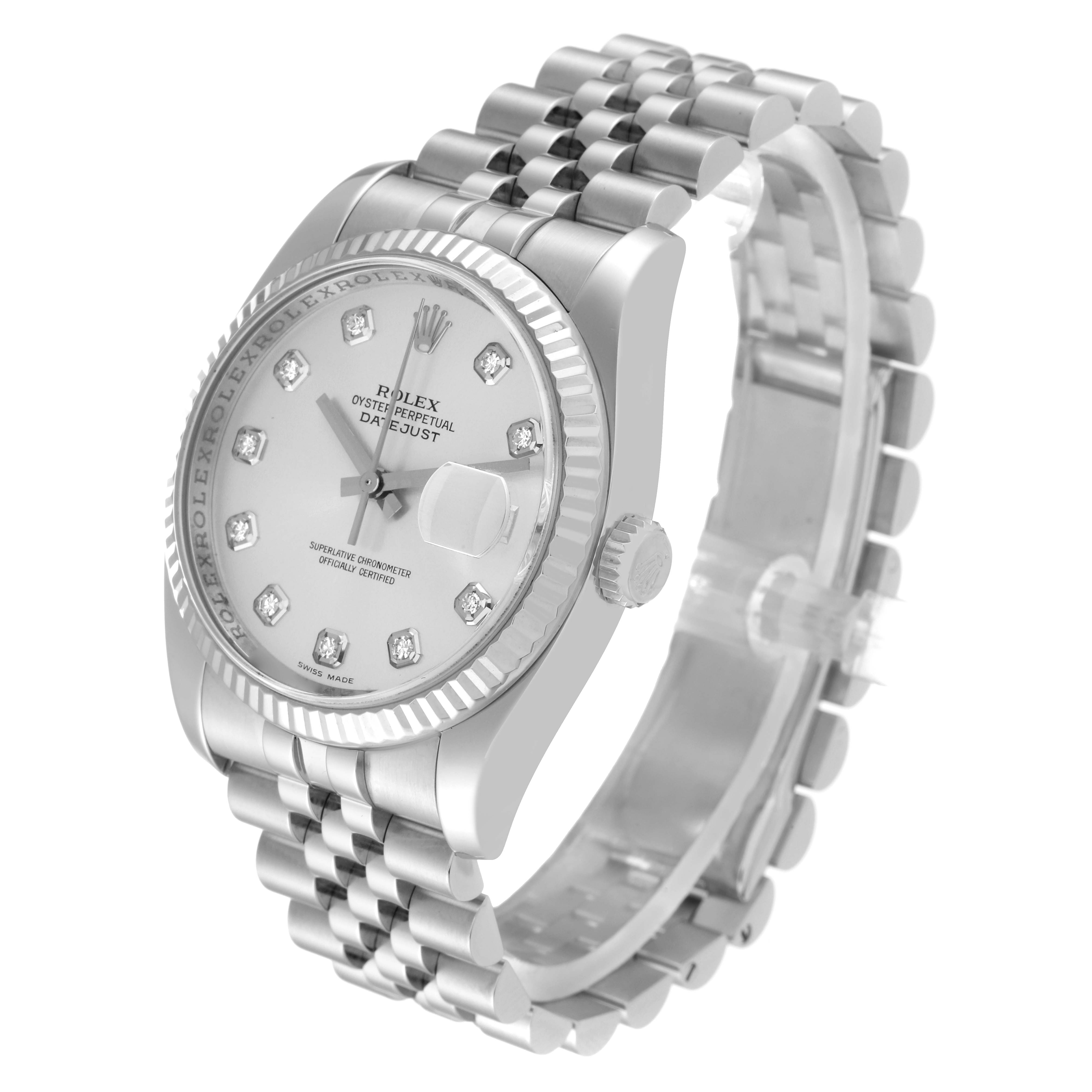 The image shows a Rolex Datejust 116234 Men's Stainless Steel Silver Dial 116234 Men's Stainless Steel Silver Dial watch angled from front-left, highlighting its bezel, dial, and Jubilee bracelet.