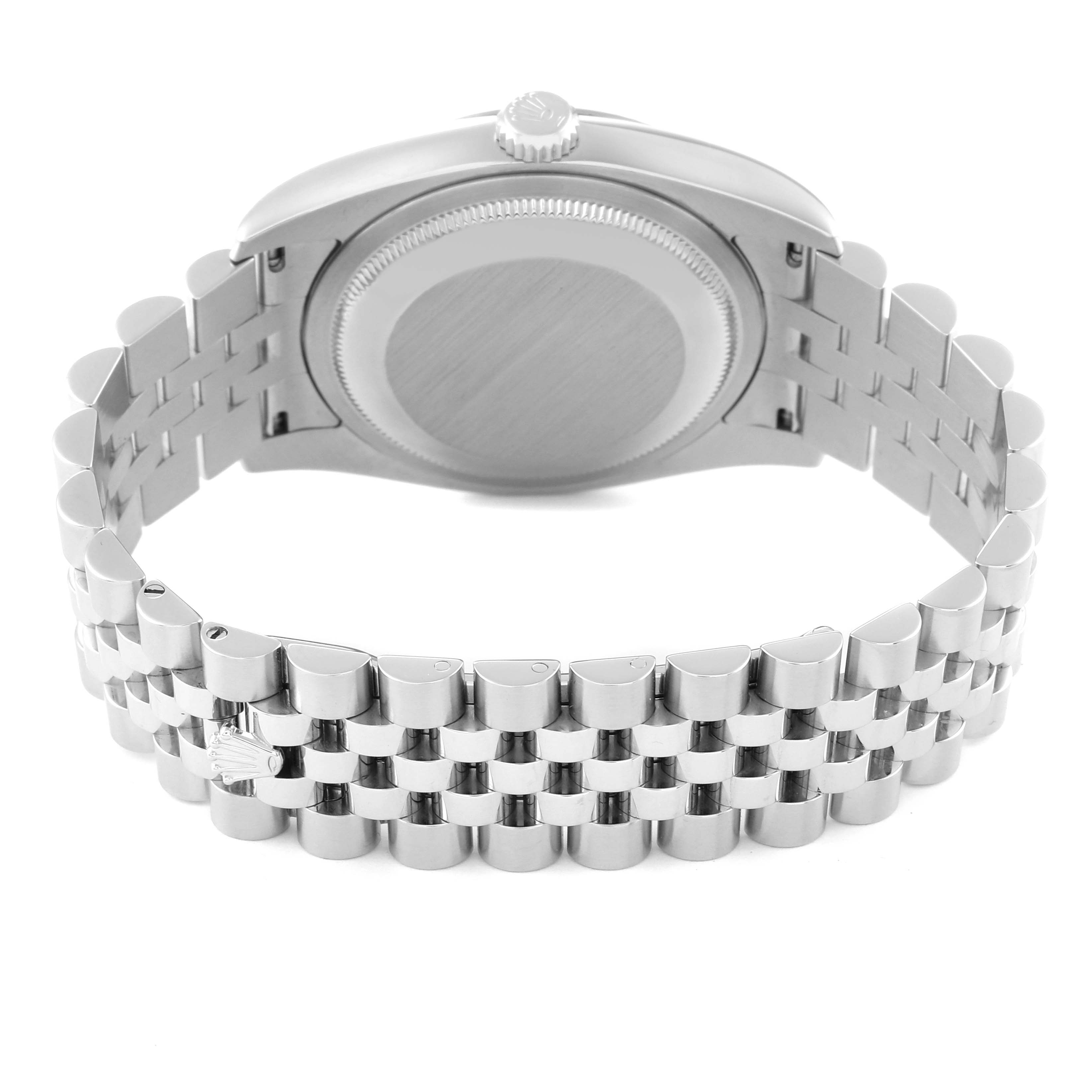 The image shows the back of the Rolex Datejust 116234 Men's Stainless Steel Silver Dial 116234 Men's Stainless Steel Silver Dial watch and its metal bracelet from a rear angle.
