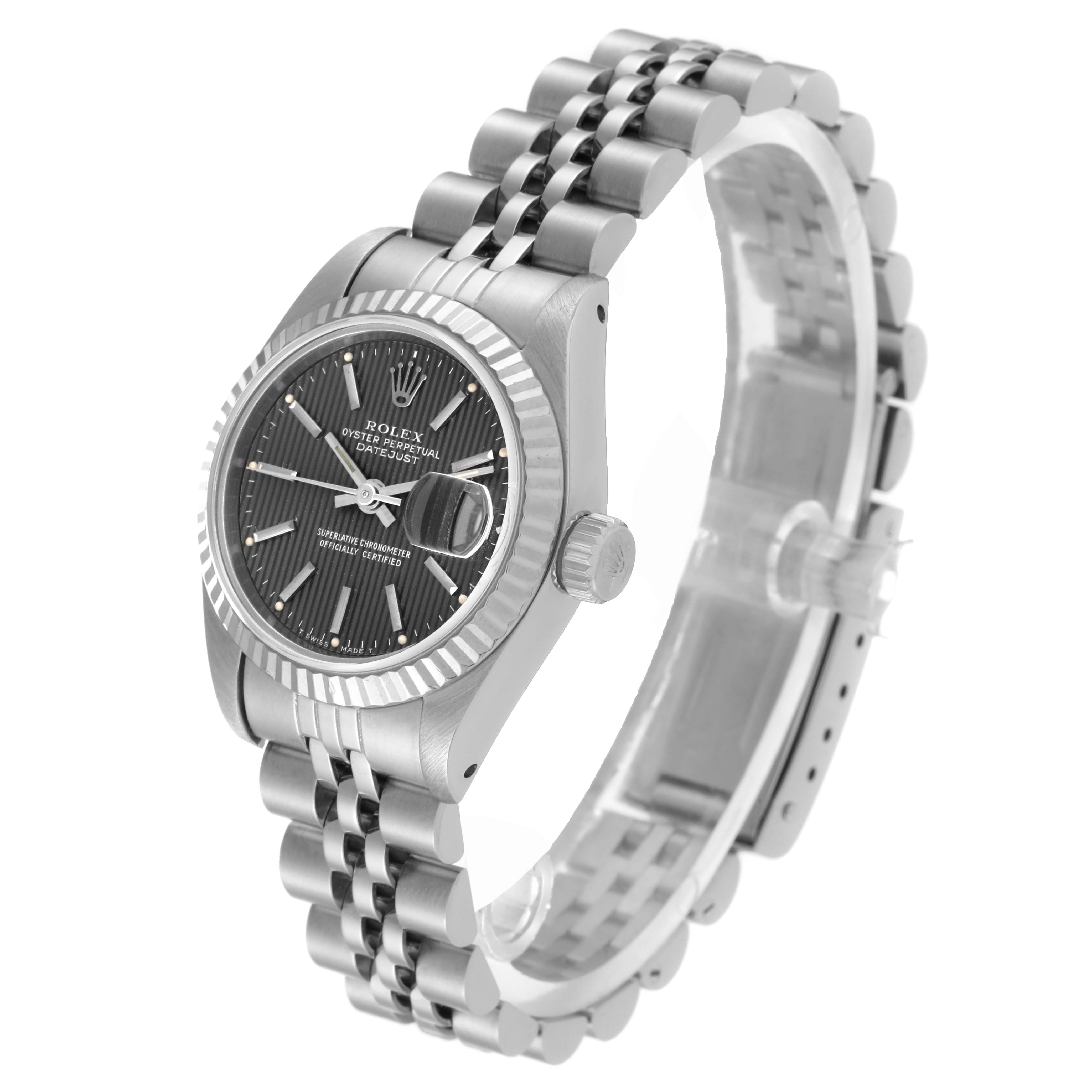 The image shows a Rolex Datejust 69174 Women's Stainless Steel Grey Dial 69174 Women's Stainless Steel Grey Dial watch from an angled side view, highlighting its dial, bezel, crown, and jubilee bracelet.