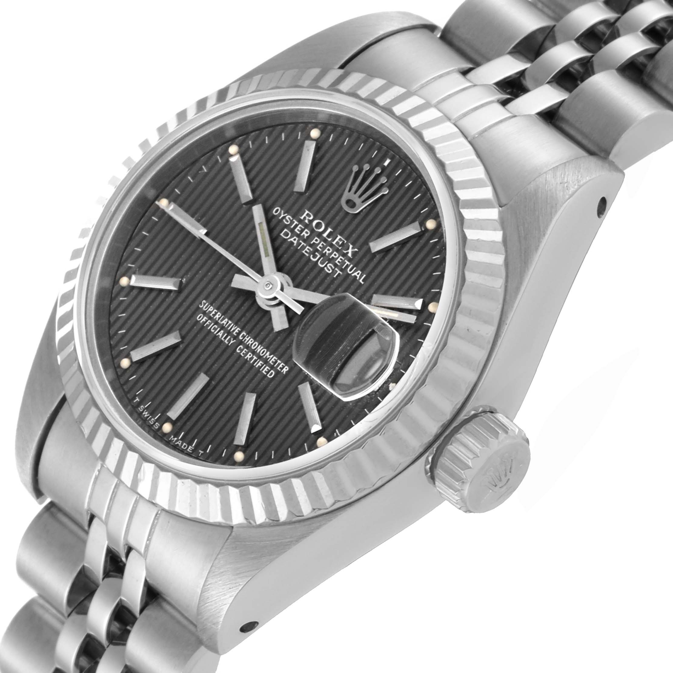 This image shows a close-up, angled view of the Rolex Datejust 69174 Women's Stainless Steel Grey Dial 69174 Women's Stainless Steel Grey Dial watch, highlighting the dial, crown, and portion of the bracelet.
