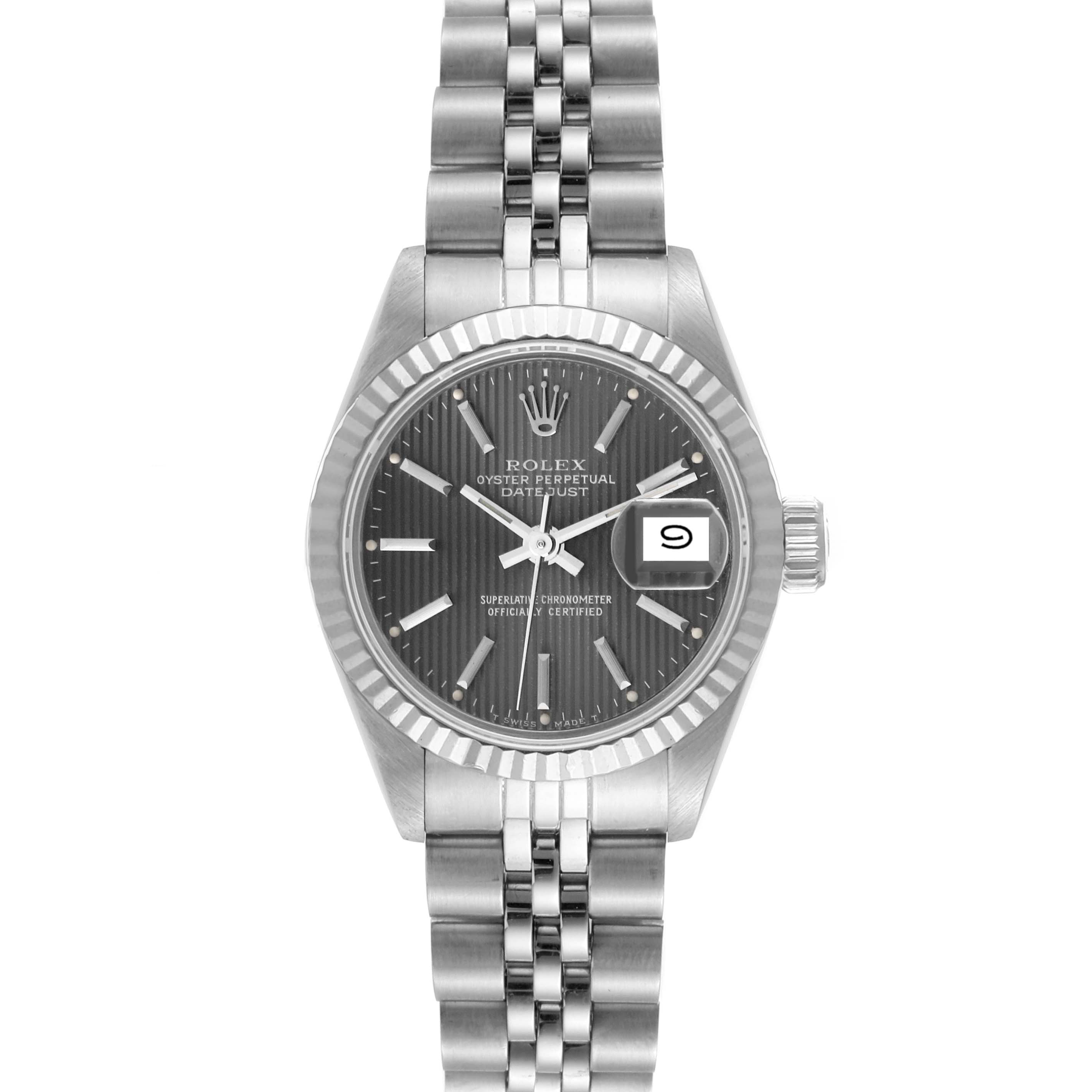 The image shows a front view of a Rolex Datejust 69174 Women's Stainless Steel Grey Dial 69174 Women's Stainless Steel Grey Dial watch, highlighting its stainless steel case, bracelet, and dial.