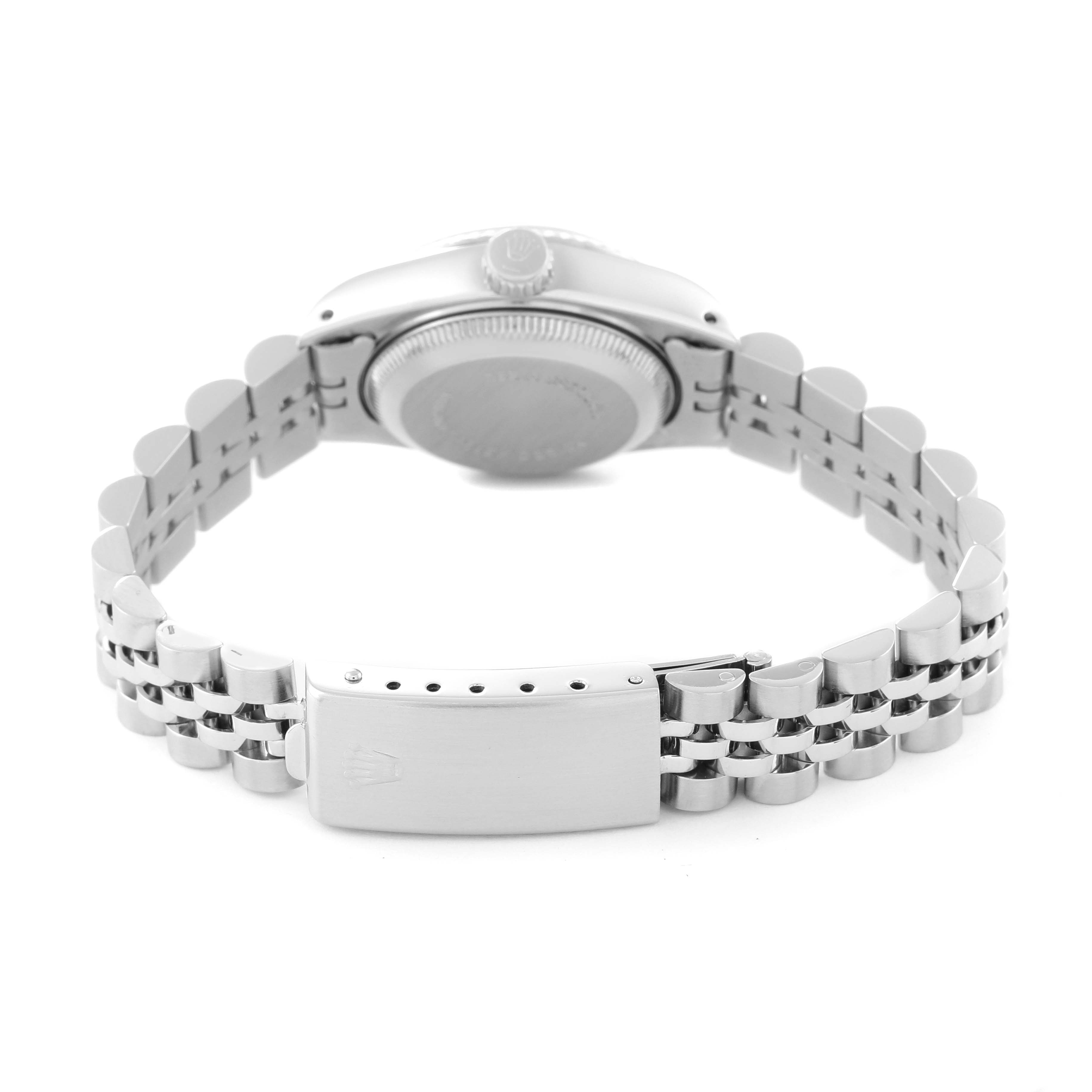 This image shows the backside and clasp of a Rolex Datejust 69174 Women's Stainless Steel Grey Dial 69174 Women's Stainless Steel Grey Dial watch, highlighting the bracelet and case back.