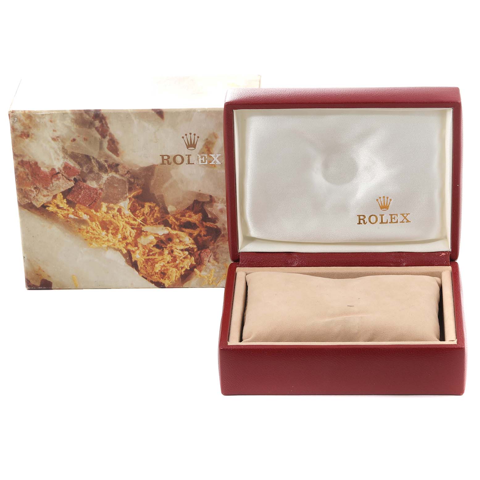 The image shows an open Rolex Datejust 69174 Women's Stainless Steel Grey Dial 69174 Women's Stainless Steel Grey Dial watch box and its outer packaging from a front angle.