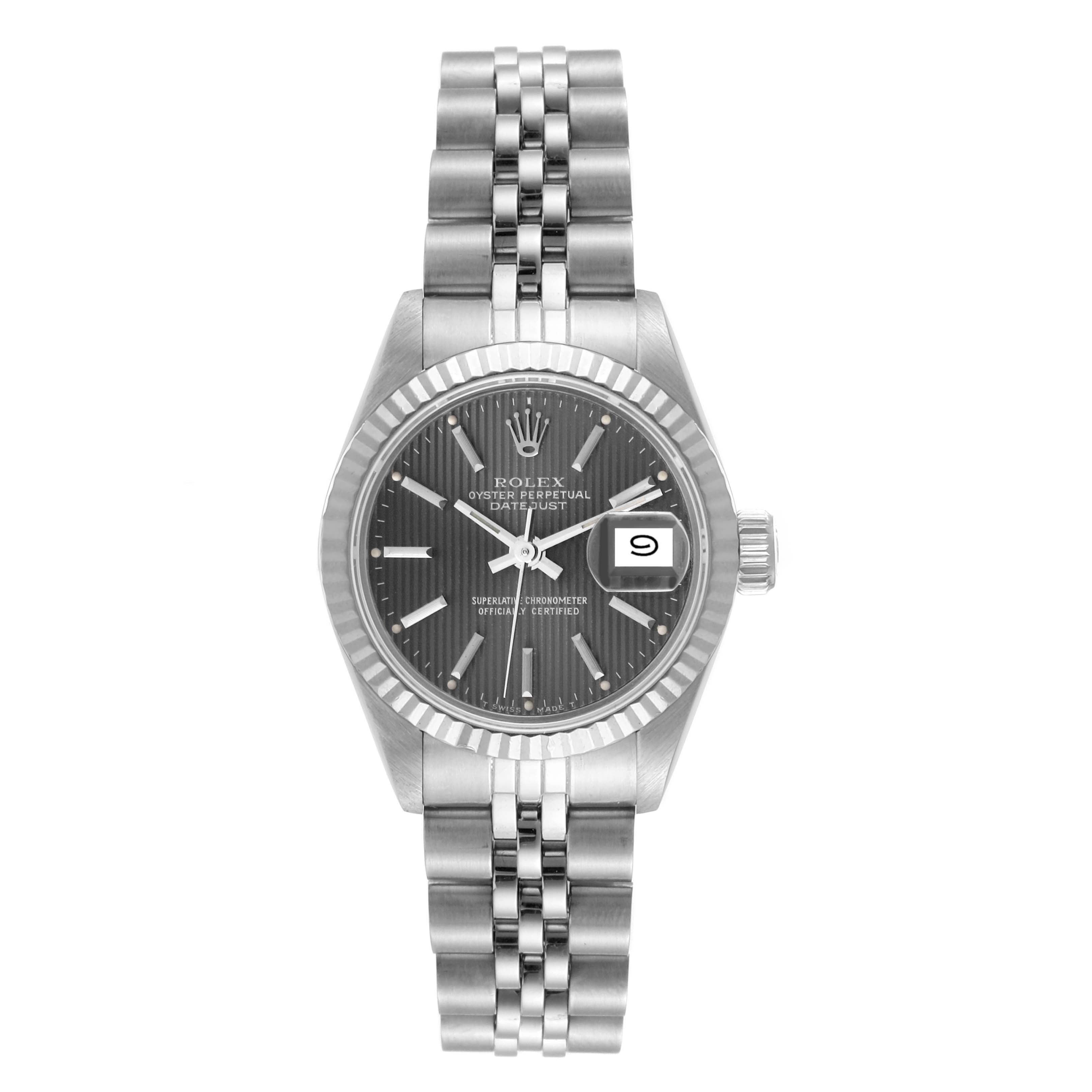 The watch is a Rolex Datejust 69174 Women's Stainless Steel Grey Dial 69174 Women's Stainless Steel Grey Dial model shown from a front angle, displaying the dial, bezel, and bracelet.