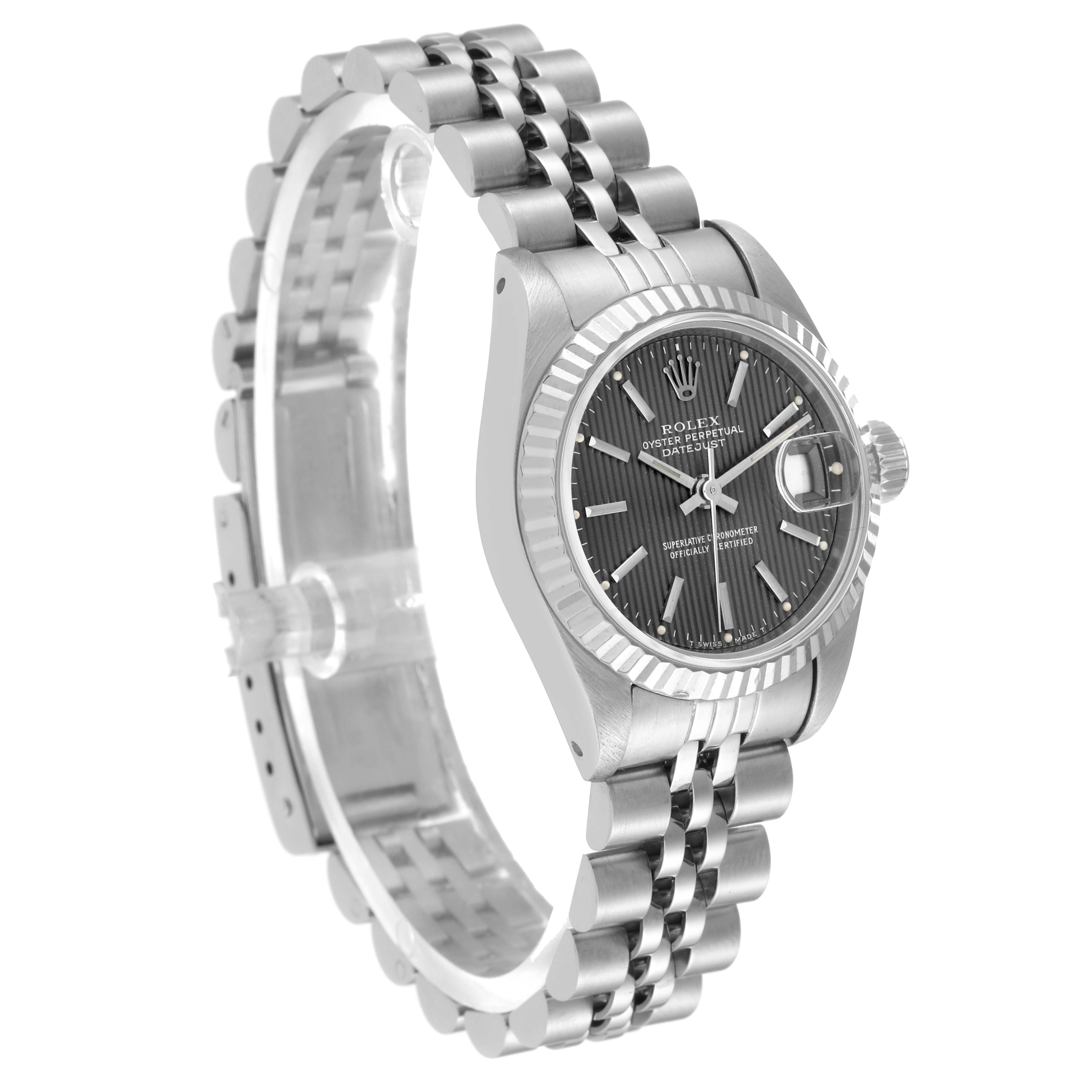 The image shows a Rolex Datejust 69174 Women's Stainless Steel Grey Dial 69174 Women's Stainless Steel Grey Dial watch from a three-quarter angle, displaying its face, bezel, and bracelet.