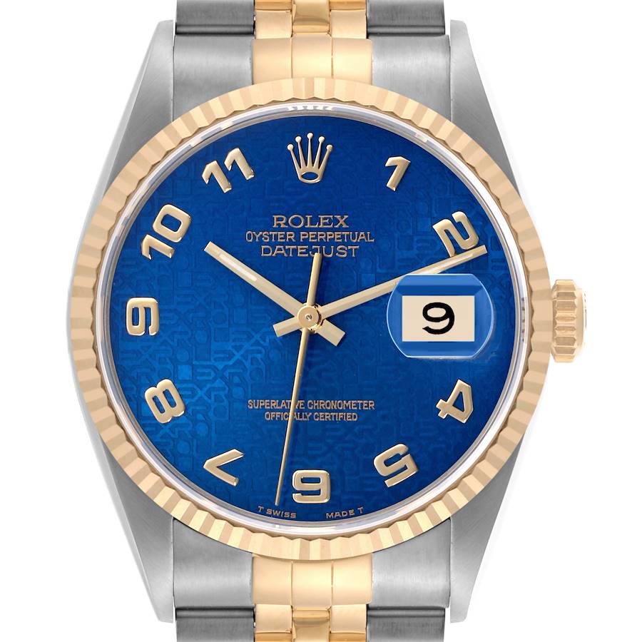 The Rolex Datejust watch is shown from a frontal angle, highlighting the blue dial and gold bezel.