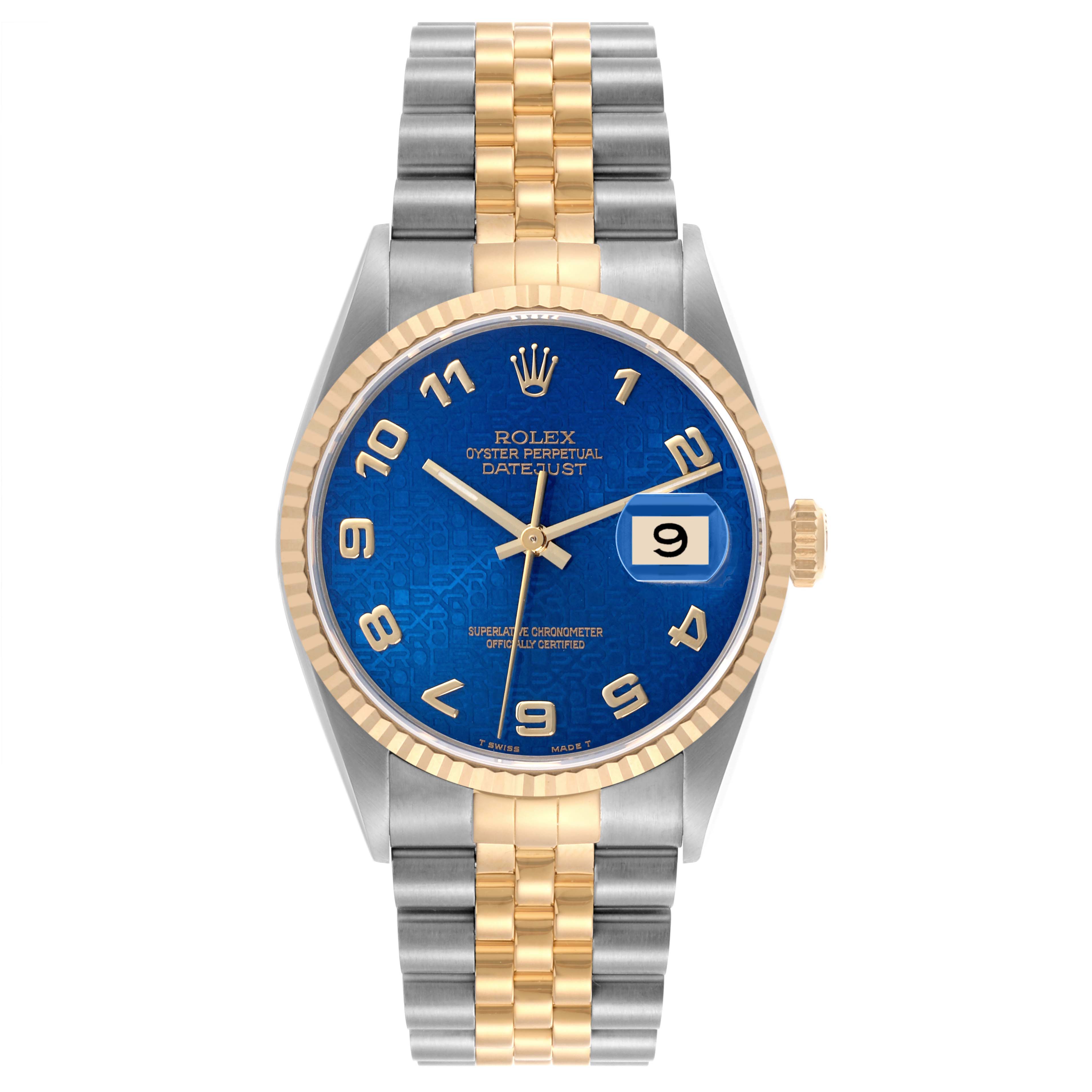 The Rolex Datejust 16233 Men's Steel and Gold (two tone) Blue Dial 16233 Men's Steel and Gold (two tone) Blue Dial watch is shown from a front angle, highlighting the blue dial, gold bezel, and two-tone bracelet.