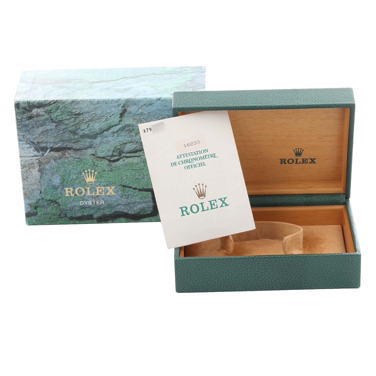 The image shows a Rolex Datejust 16233 Men's Steel and Gold (two tone) Blue Dial 16233 Men's Steel and Gold (two tone) Blue Dial watch box and certificate, including a green outer box and an open wooden inner box.