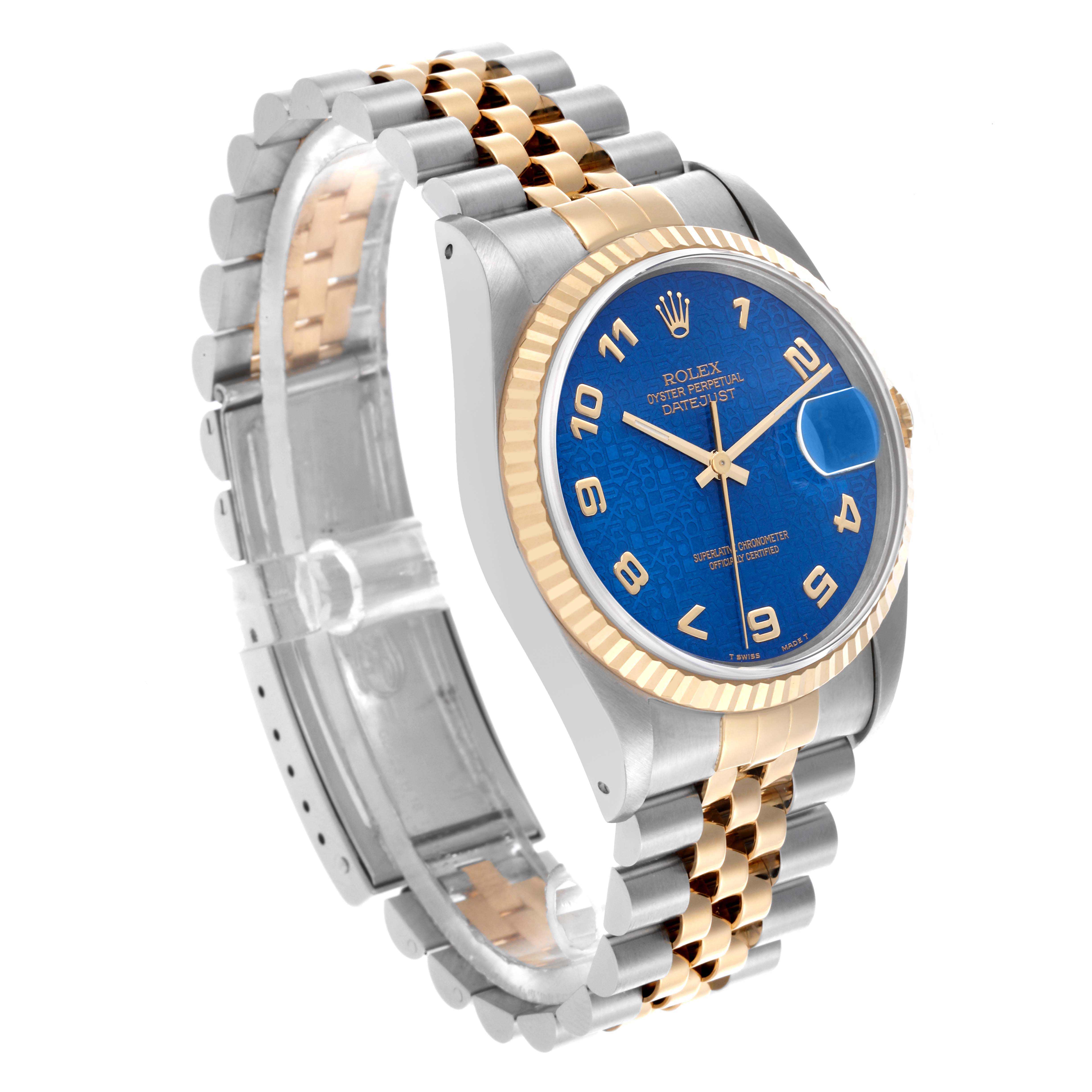 The Rolex Datejust 16233 Men's Steel and Gold (two tone) Blue Dial 16233 Men's Steel and Gold (two tone) Blue Dial watch is shown at a three-quarter angle, featuring the dial, bezel, and two-tone bracelet.