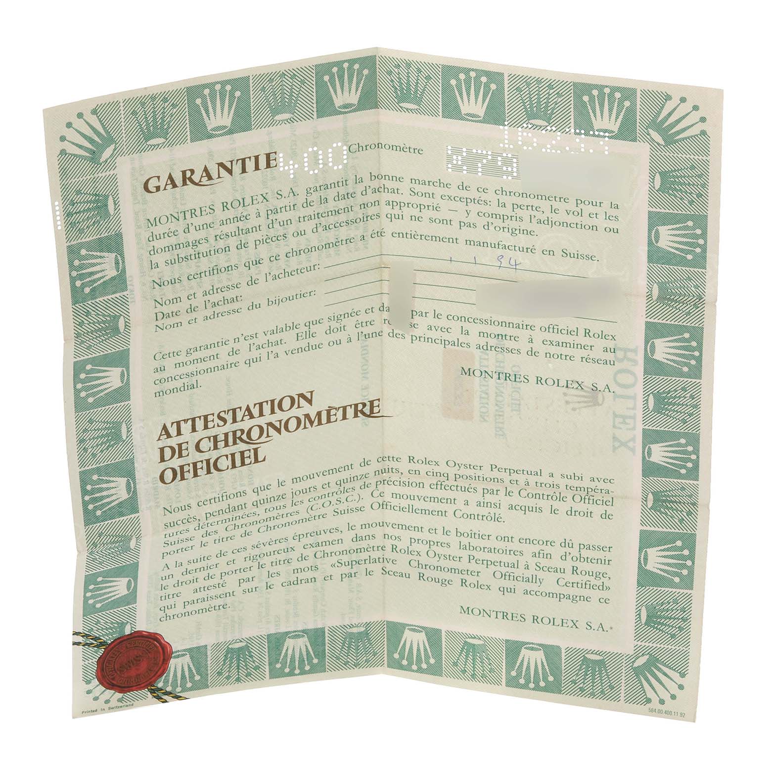 The image shows a warranty and chronometer certificate for a Rolex Datejust 16233 Men's Steel and Gold (two tone) Blue Dial 16233 Men's Steel and Gold (two tone) Blue Dial.