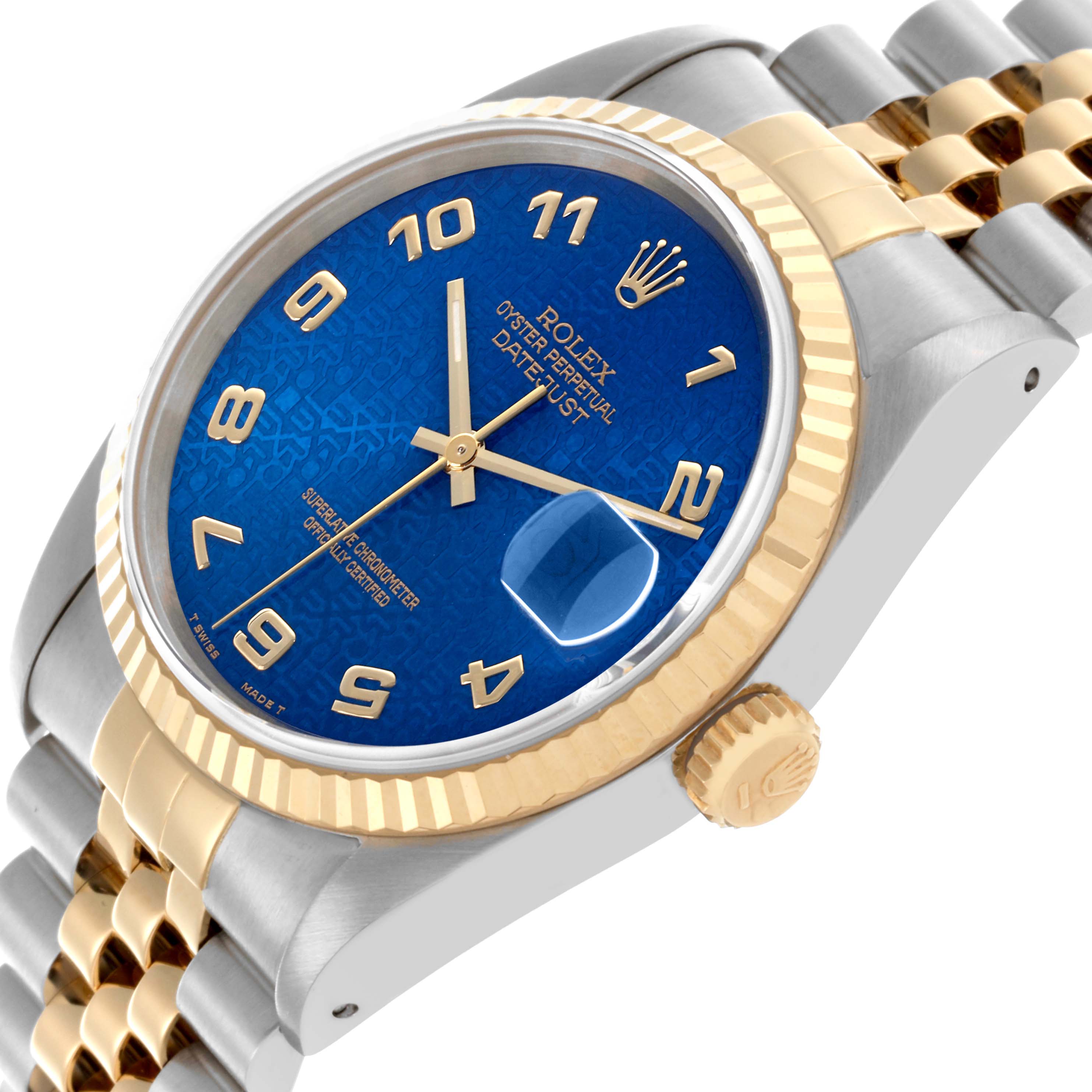 The Rolex Datejust 16233 Men's Steel and Gold (two tone) Blue Dial 16233 Men's Steel and Gold (two tone) Blue Dial watch is shown at a tilted angle, displaying the blue dial, gold bezel, crown, and bracelet.