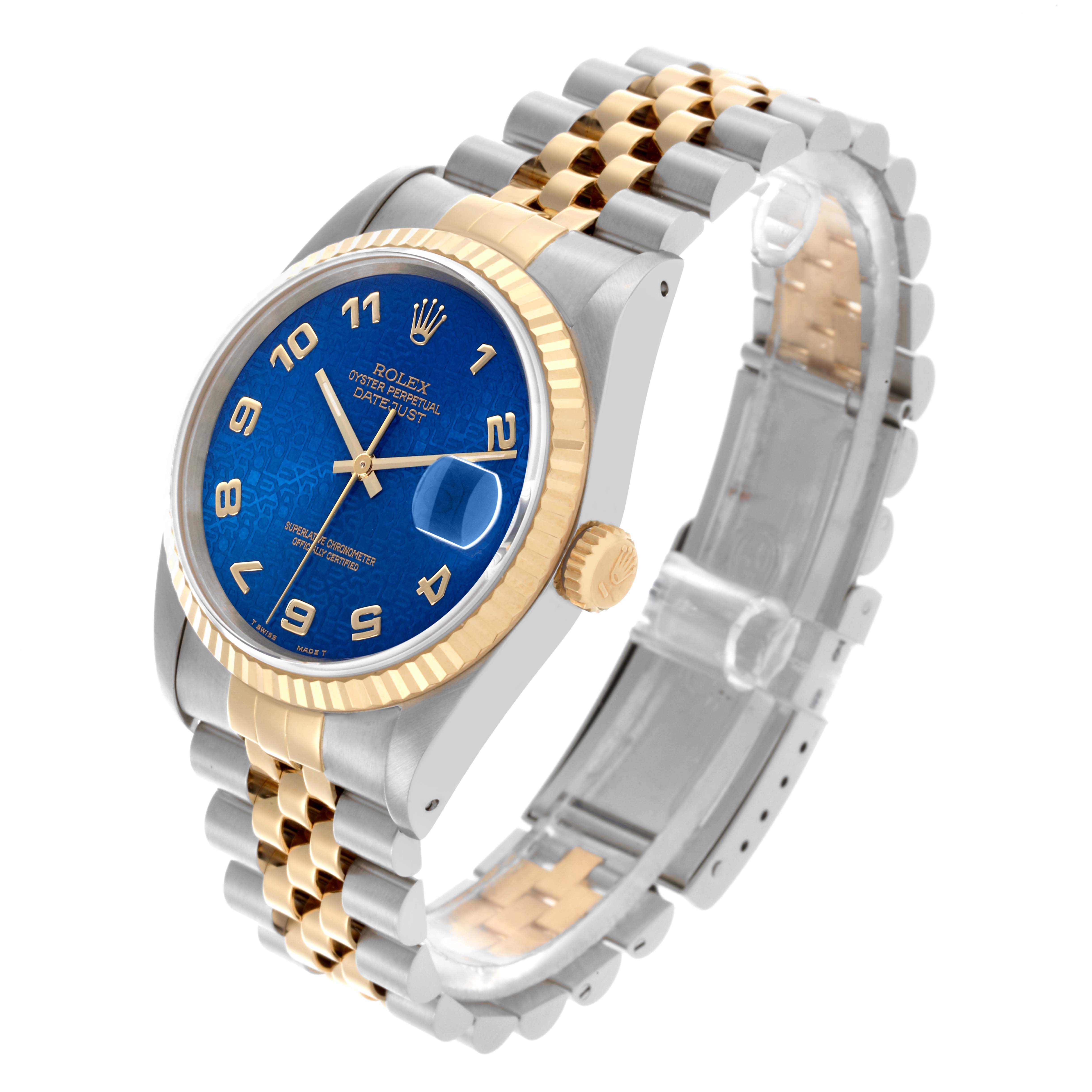 The Rolex Datejust 16233 Men's Steel and Gold (two tone) Blue Dial 16233 Men's Steel and Gold (two tone) Blue Dial watch is shown at an angle highlighting the blue dial, gold bezel, and two-tone bracelet.