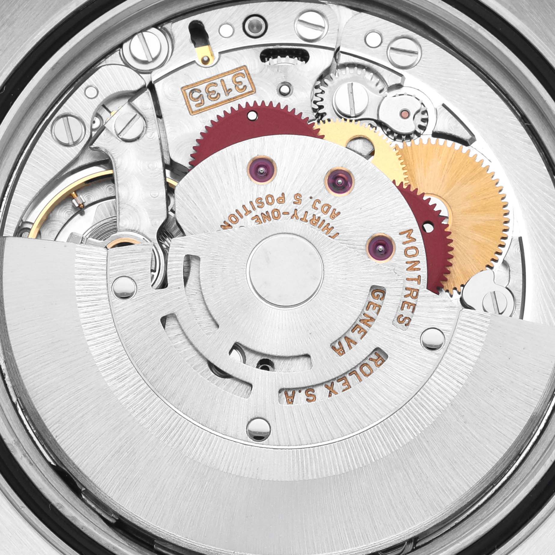 The image shows the movement of a Rolex Datejust 16233 Men's Steel and Gold (two tone) Blue Dial 16233 Men's Steel and Gold (two tone) Blue Dial watch, focusing on gears and the rotor mechanism.