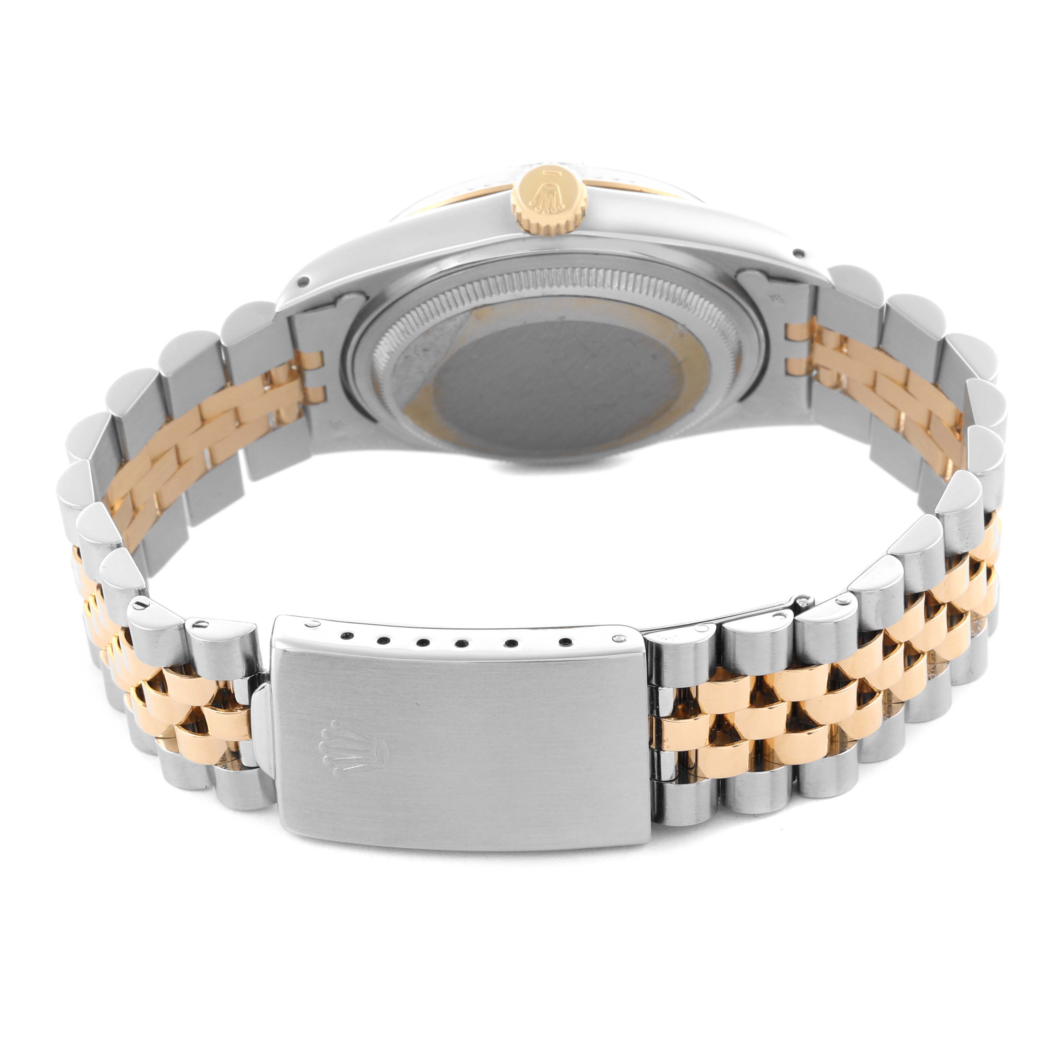 The image shows the back view of a Rolex Datejust 16013 Men's Steel and Gold (two tone) Champagne Dial 16013 Men's Steel and Gold (two tone) Champagne Dial watch, highlighting the clasp and bracelet.