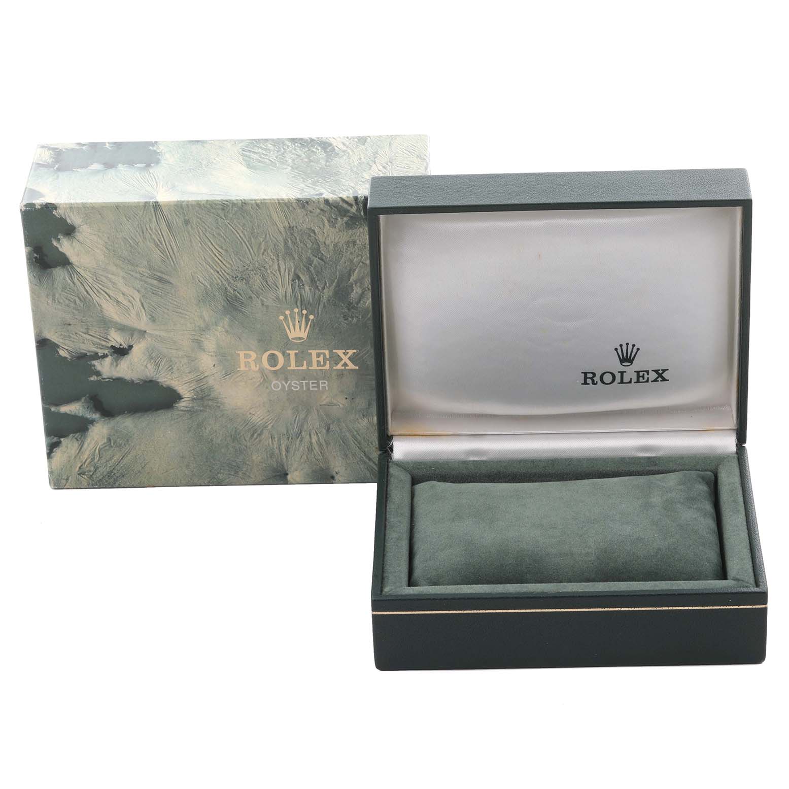 The image shows a Rolex Datejust 16013 Men's Steel and Gold (two tone) Champagne Dial 16013 Men's Steel and Gold (two tone) Champagne Dial packaging, featuring an open watch box and a separate outer box.