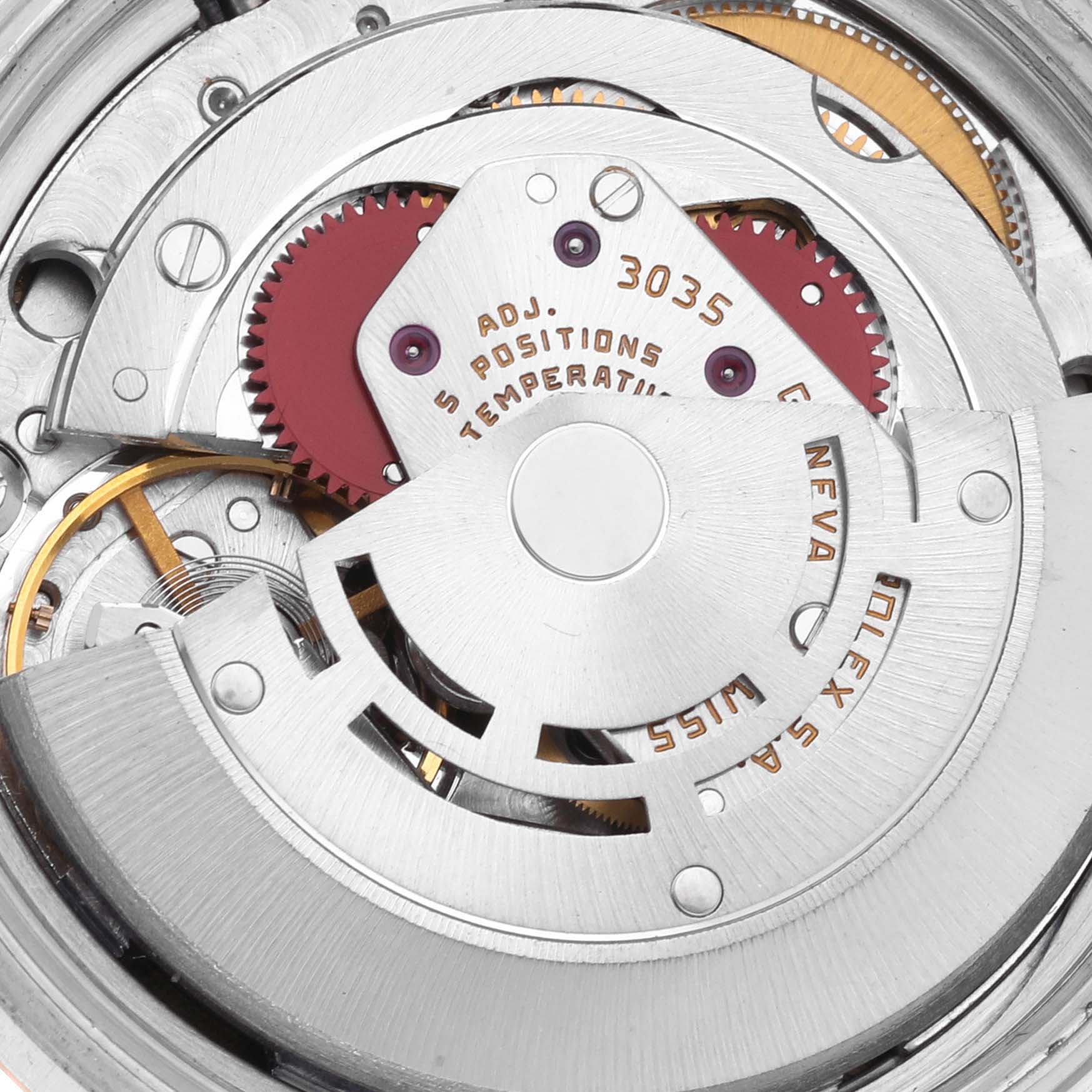 The image shows the movement and internal mechanisms of a Rolex Datejust 16013 Men's Steel and Gold (two tone) Champagne Dial 16013 Men's Steel and Gold (two tone) Champagne Dial watch from a close-up angle.