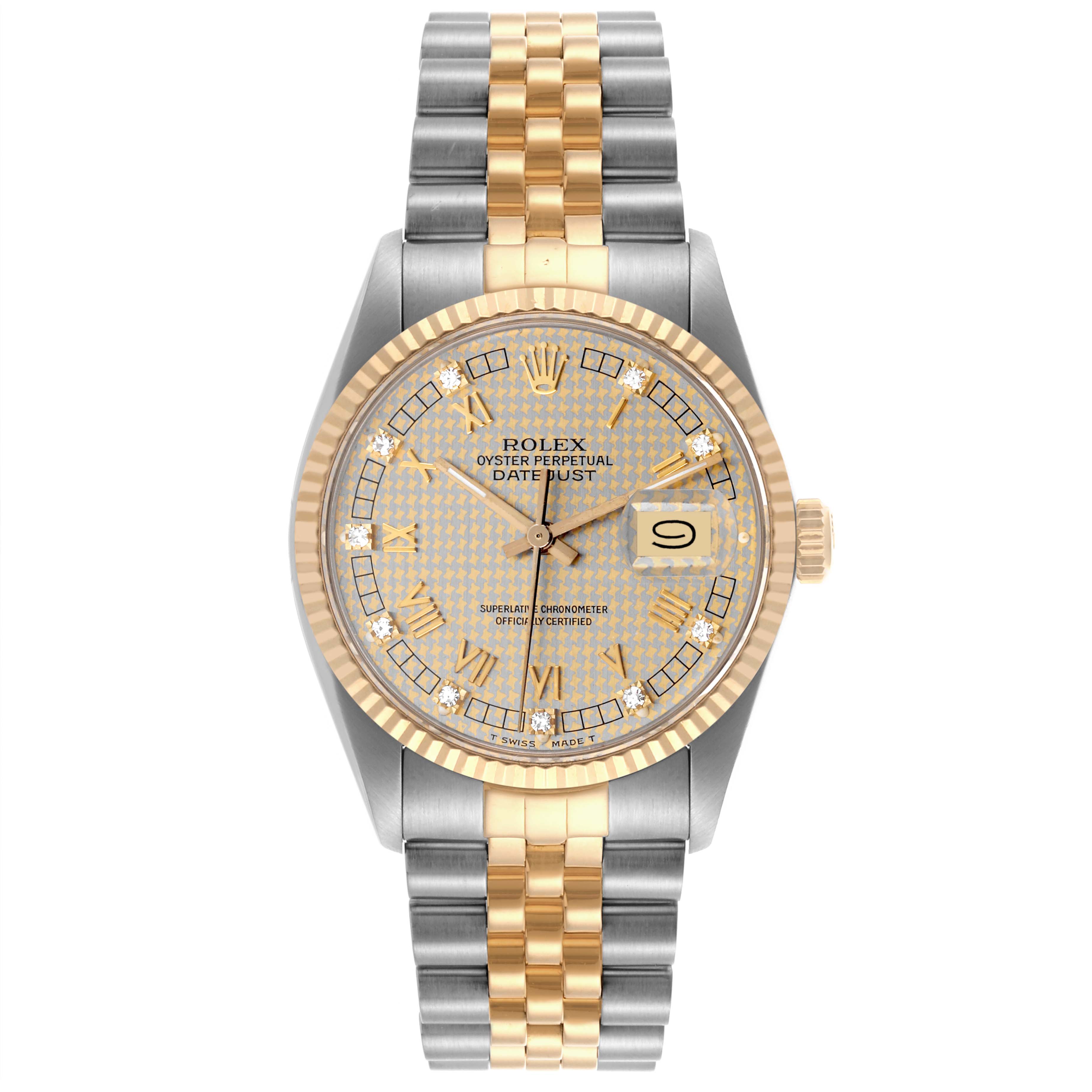 The Rolex Datejust 16013 Men's Steel and Gold (two tone) Champagne Dial 16013 Men's Steel and Gold (two tone) Champagne Dial watch is shown from a front view, highlighting its dial, bezel, and Jubilee bracelet.