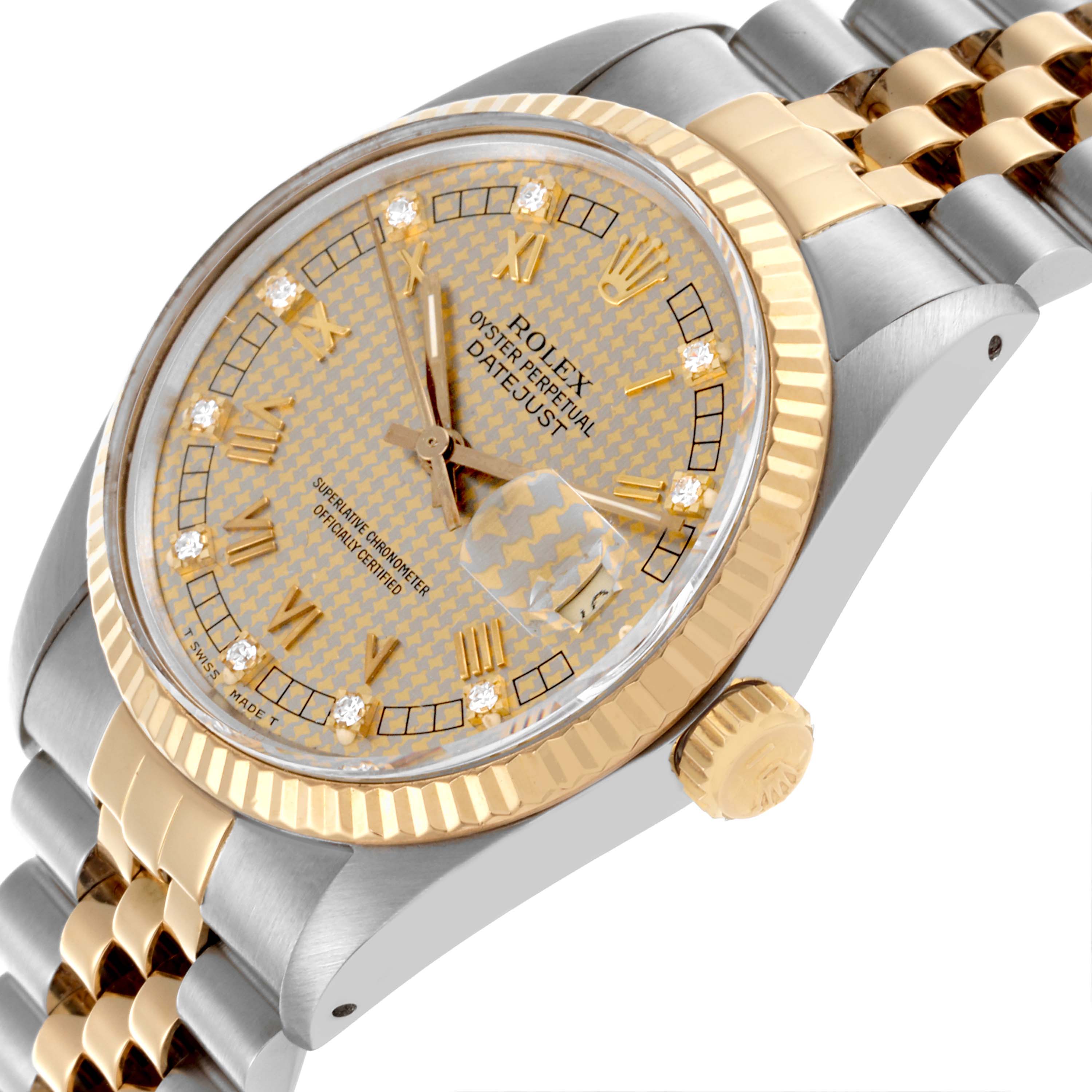 The Rolex Datejust 16013 Men's Steel and Gold (two tone) Champagne Dial 16013 Men's Steel and Gold (two tone) Champagne Dial is shown from a side angle highlighting the bezel, crown, dial, and jubilee bracelet.