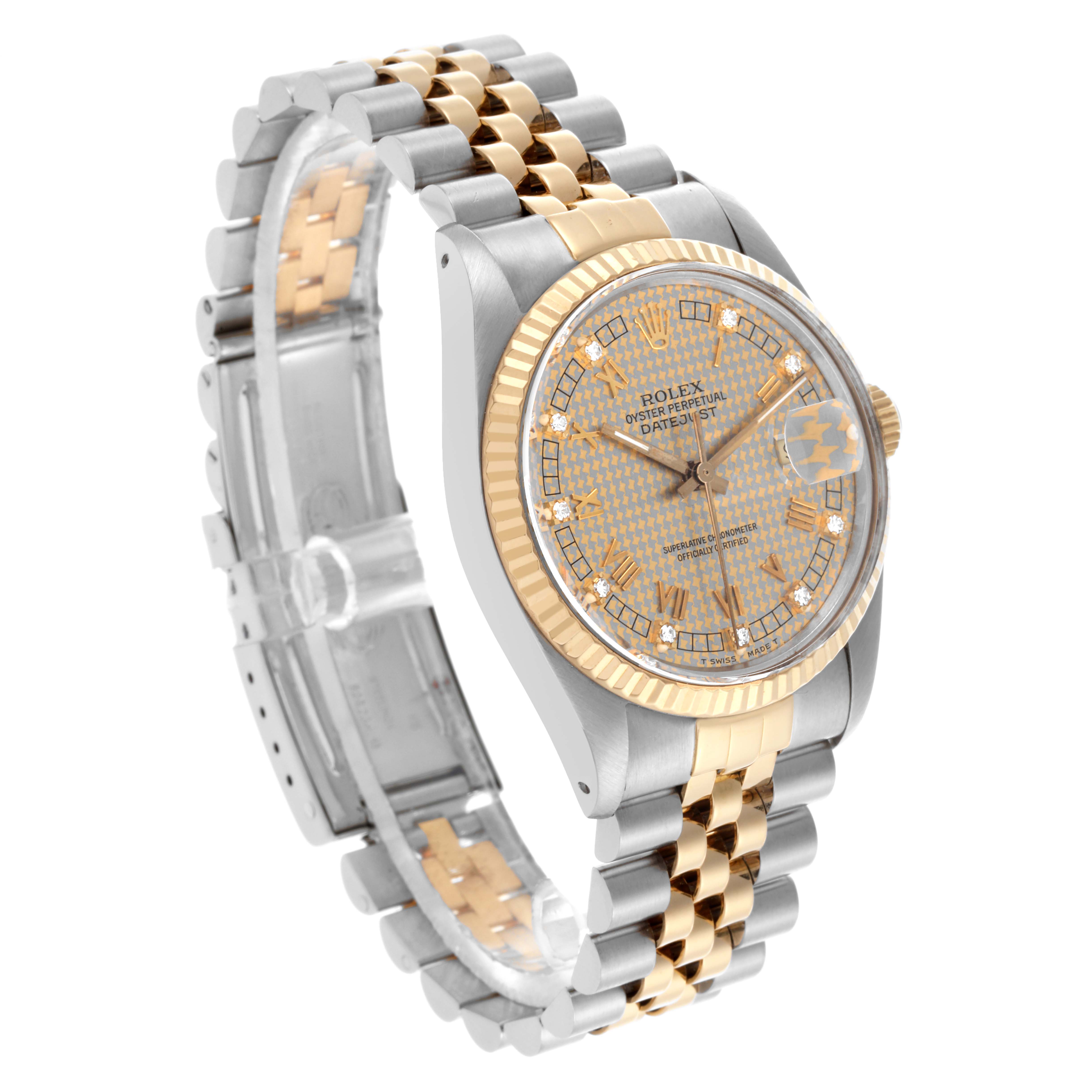 The image shows a Rolex Datejust 16013 Men's Steel and Gold (two tone) Champagne Dial 16013 Men's Steel and Gold (two tone) Champagne Dial watch at a three-quarter angle, highlighting its dial, bezel, and jubilee bracelet.