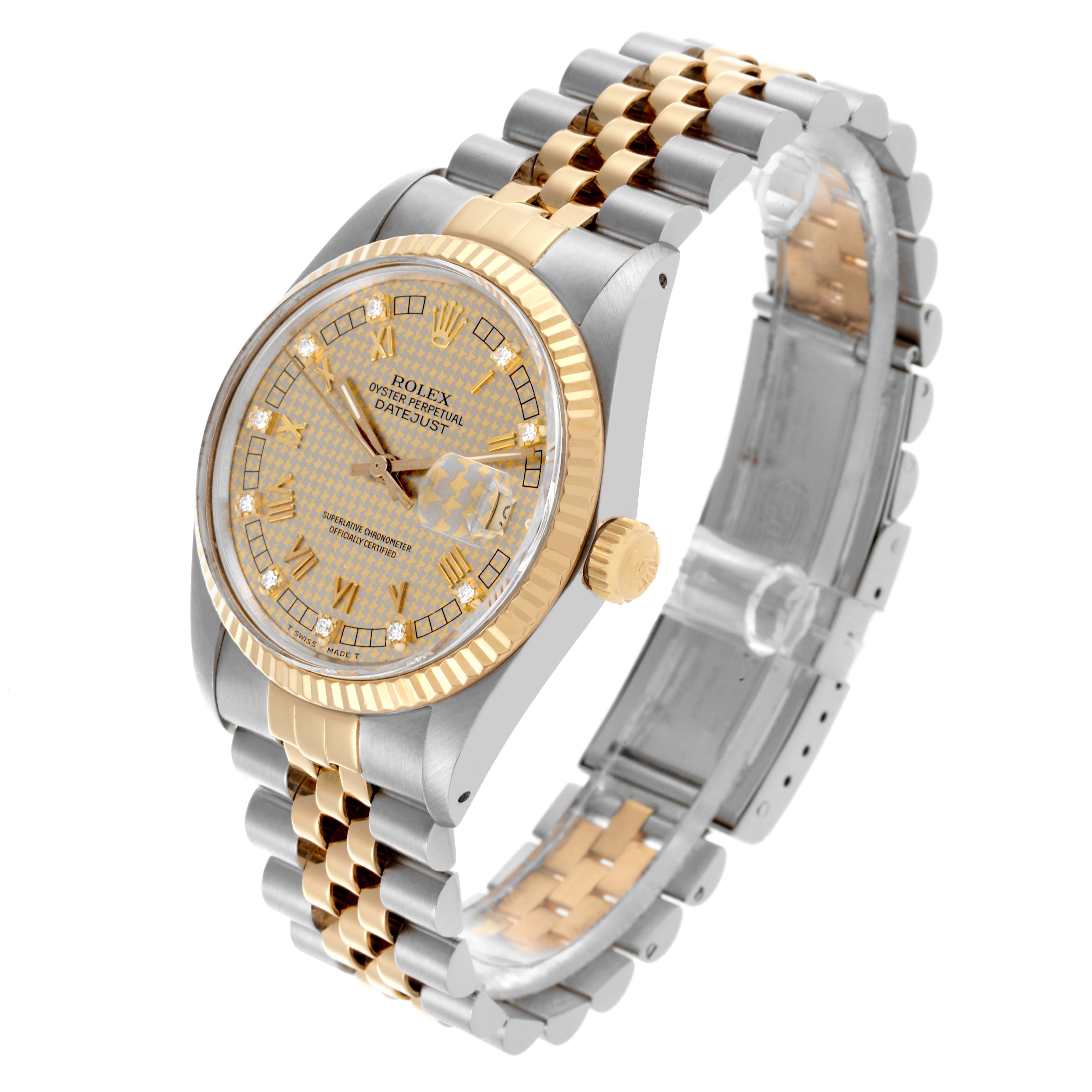 The Rolex Datejust 16013 Men's Steel and Gold (two tone) Champagne Dial 16013 Men's Steel and Gold (two tone) Champagne Dial watch is shown at a slight angle, highlighting its face, bezel, crown, and two-tone bracelet.