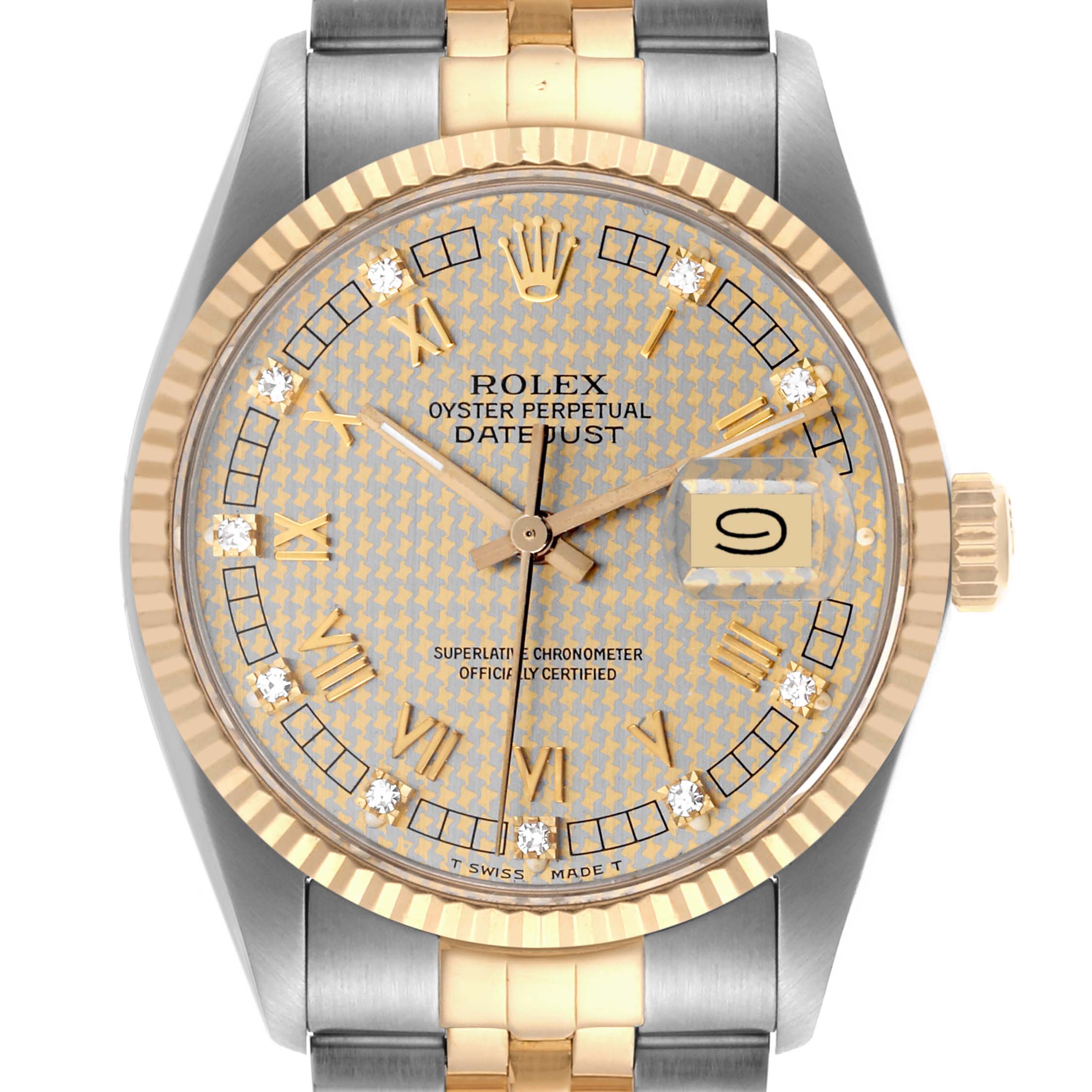 The Rolex Datejust 16013 Men's Steel and Gold (two tone) Champagne Dial 16013 Men's Steel and Gold (two tone) Champagne Dial watch is shown from a front angle, highlighting its face, bezel, and part of the bracelet.