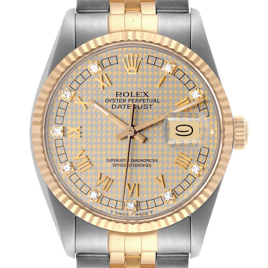 The Rolex Datejust watch is shown from a front angle, highlighting its face, bezel, and part of the bracelet.