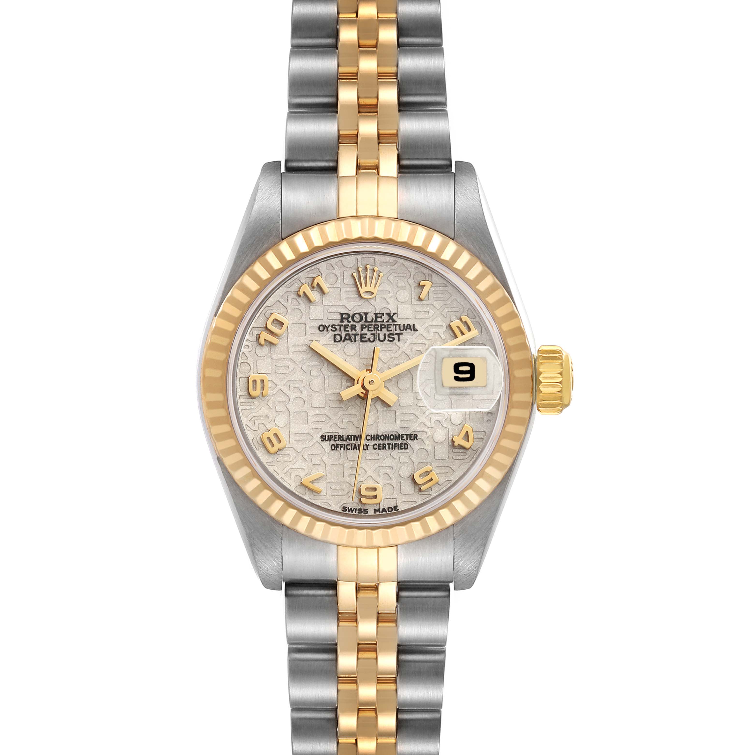 The Rolex Datejust 79173 Women's Steel and Gold (two tone) White Dial 79173 Women's Steel and Gold (two tone) White Dial watch is shown from a top-down angle, displaying the face, band, and crown.