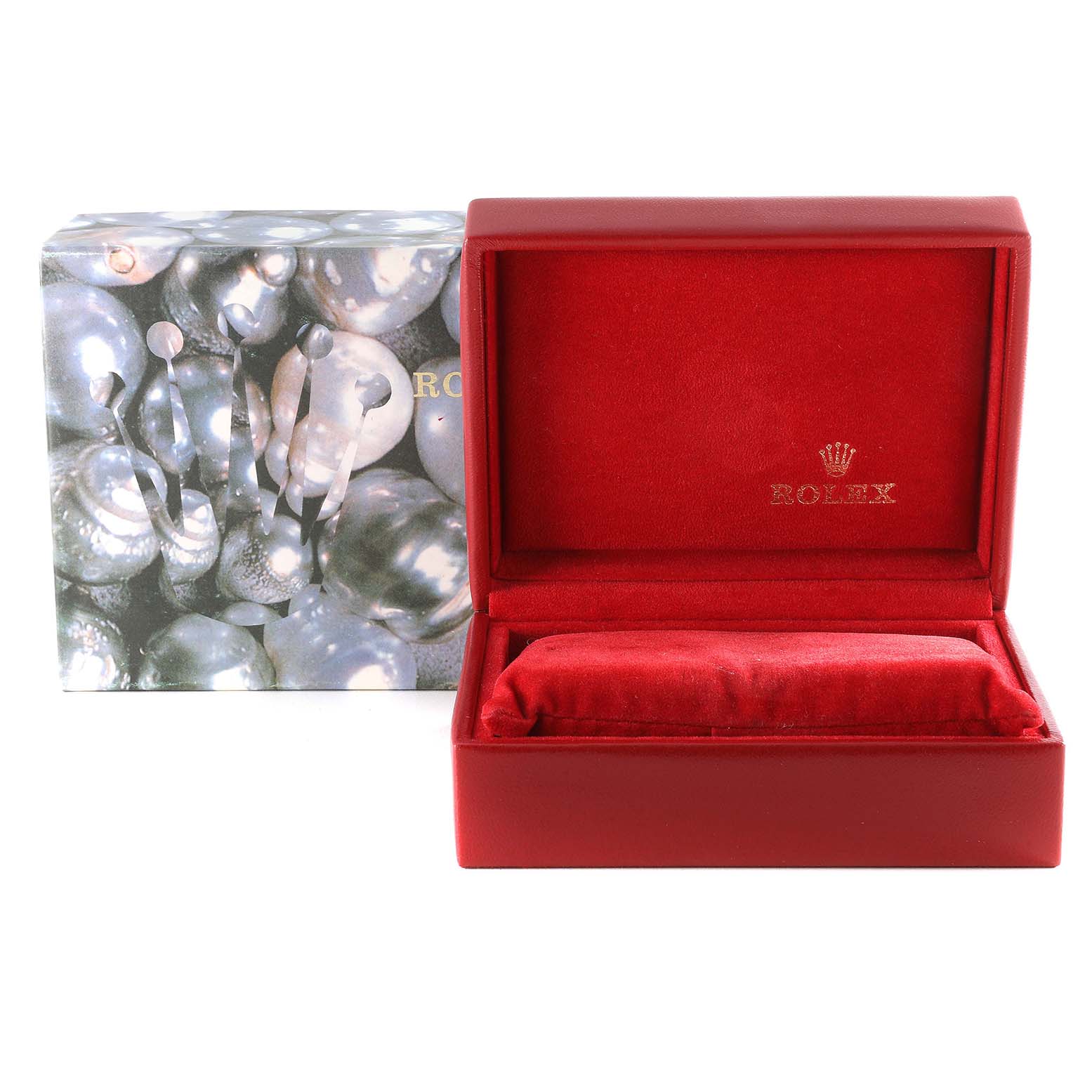 This image shows an empty red Rolex Datejust 79173 Women's Steel and Gold (two tone) White Dial 79173 Women's Steel and Gold (two tone) White Dial watch box and its outer packaging.