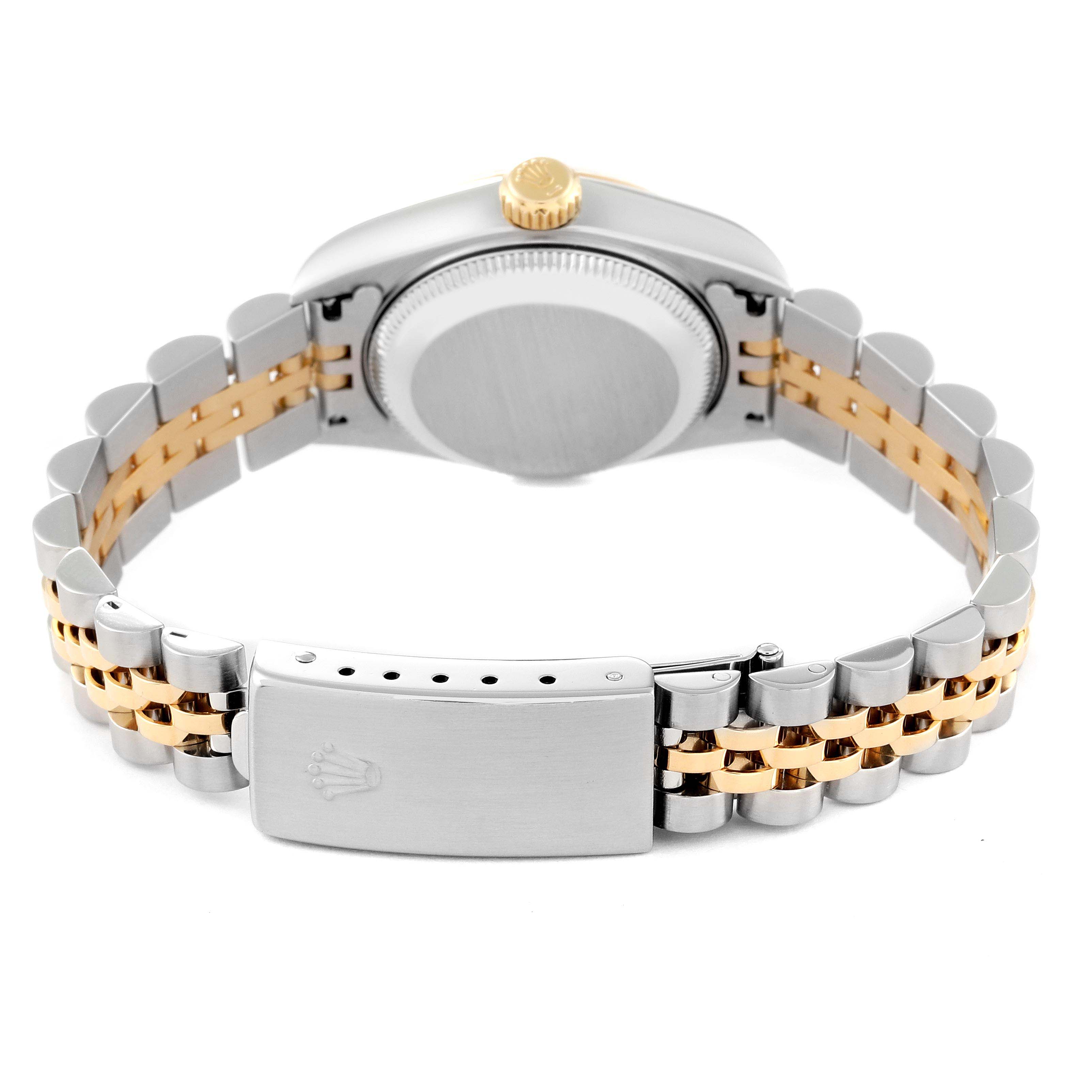 The image shows the back of a Rolex Datejust 79173 Women's Steel and Gold (two tone) White Dial 79173 Women's Steel and Gold (two tone) White Dial watch, highlighting its two-tone bracelet and closed clasp.
