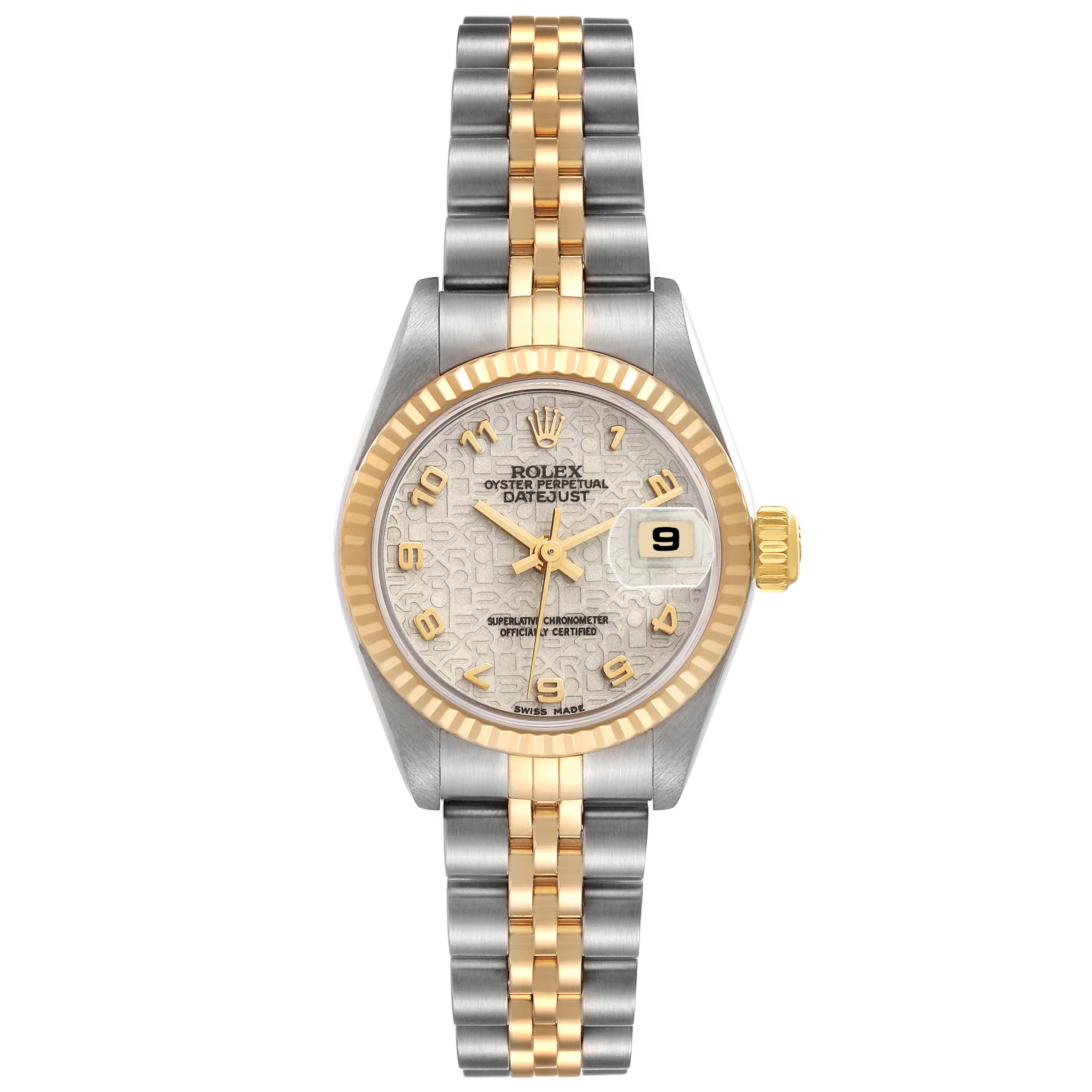 This Rolex Datejust 79173 Women's Steel and Gold (two tone) White Dial 79173 Women's Steel and Gold (two tone) White Dial watch is shown from a front angle, displaying its face, bezel, and two-tone bracelet.