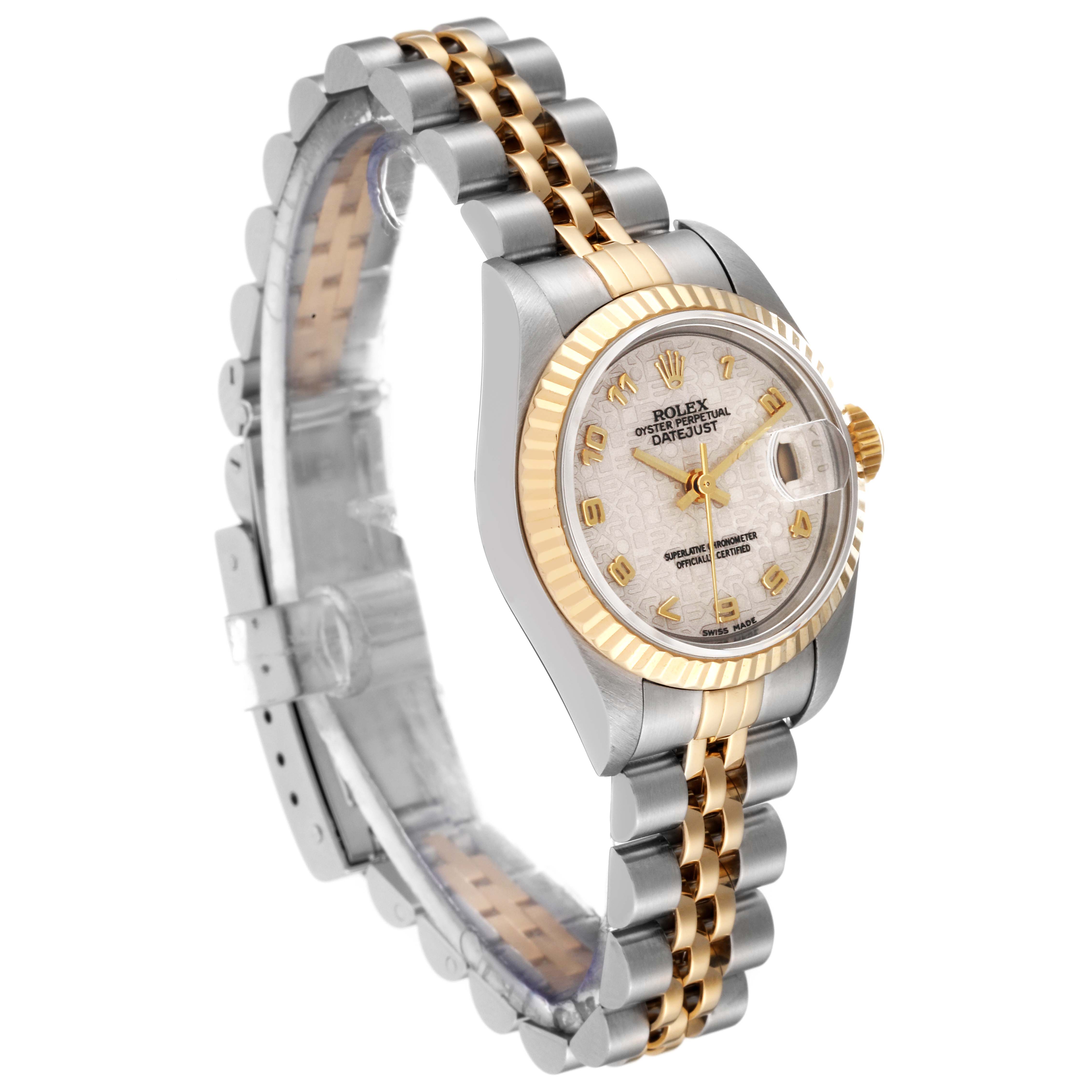The image shows the Rolex Datejust 79173 Women's Steel and Gold (two tone) White Dial 79173 Women's Steel and Gold (two tone) White Dial watch from an angled side view, highlighting the dial, bezel, and bracelet.