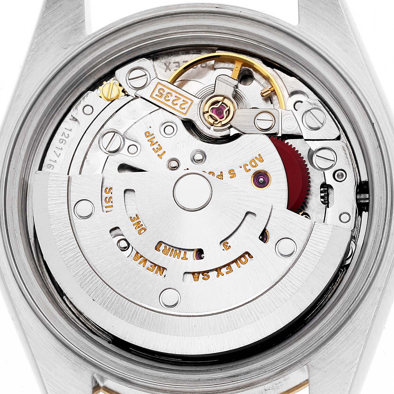 This image shows the internal movement mechanism of a Rolex Datejust 79173 Women's Steel and Gold (two tone) White Dial 79173 Women's Steel and Gold (two tone) White Dial watch from a top-down angle.