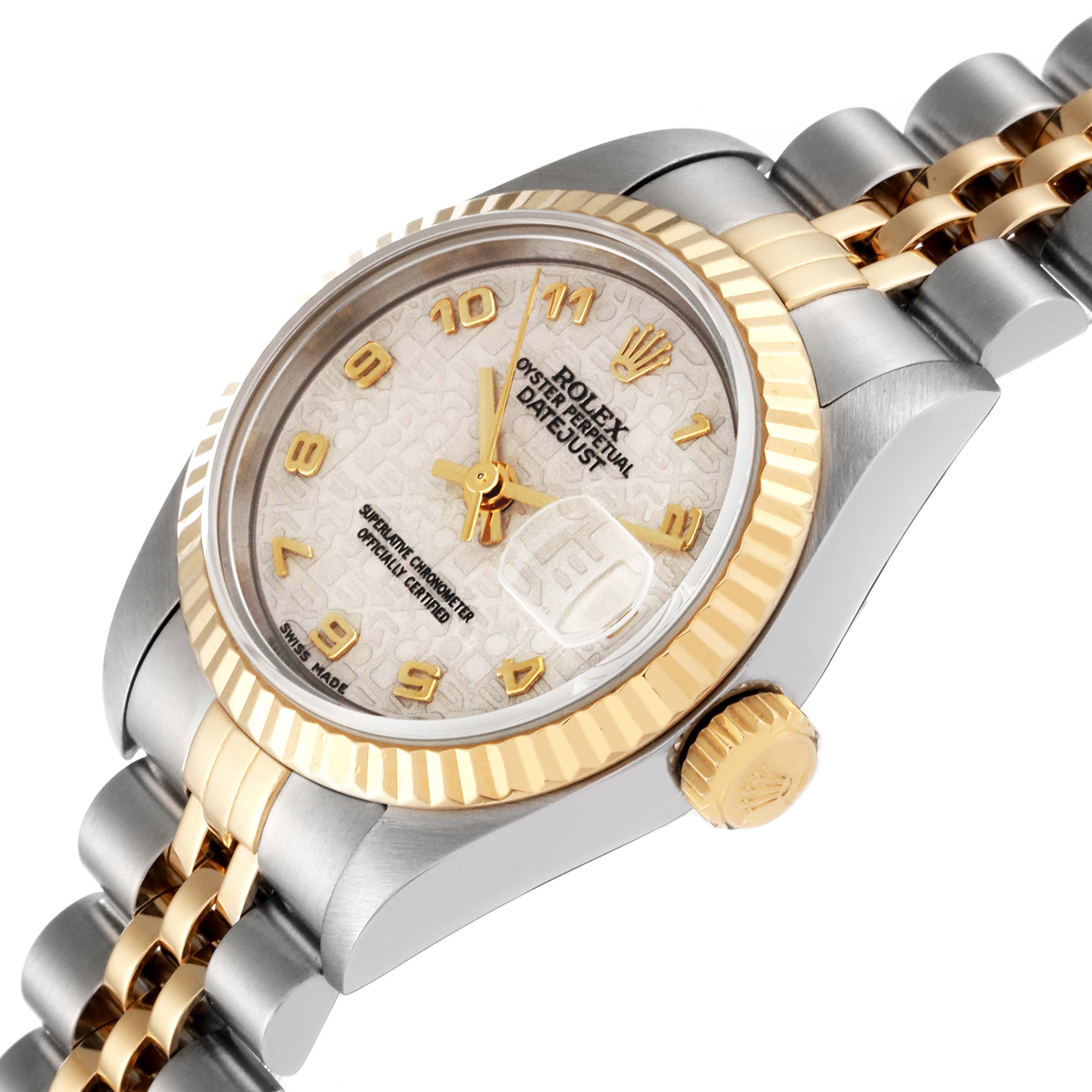 The image shows a close-up angled view of a Rolex Datejust 79173 Women's Steel and Gold (two tone) White Dial 79173 Women's Steel and Gold (two tone) White Dial, focusing on the dial, bezel, crown, and part of the bracelet.