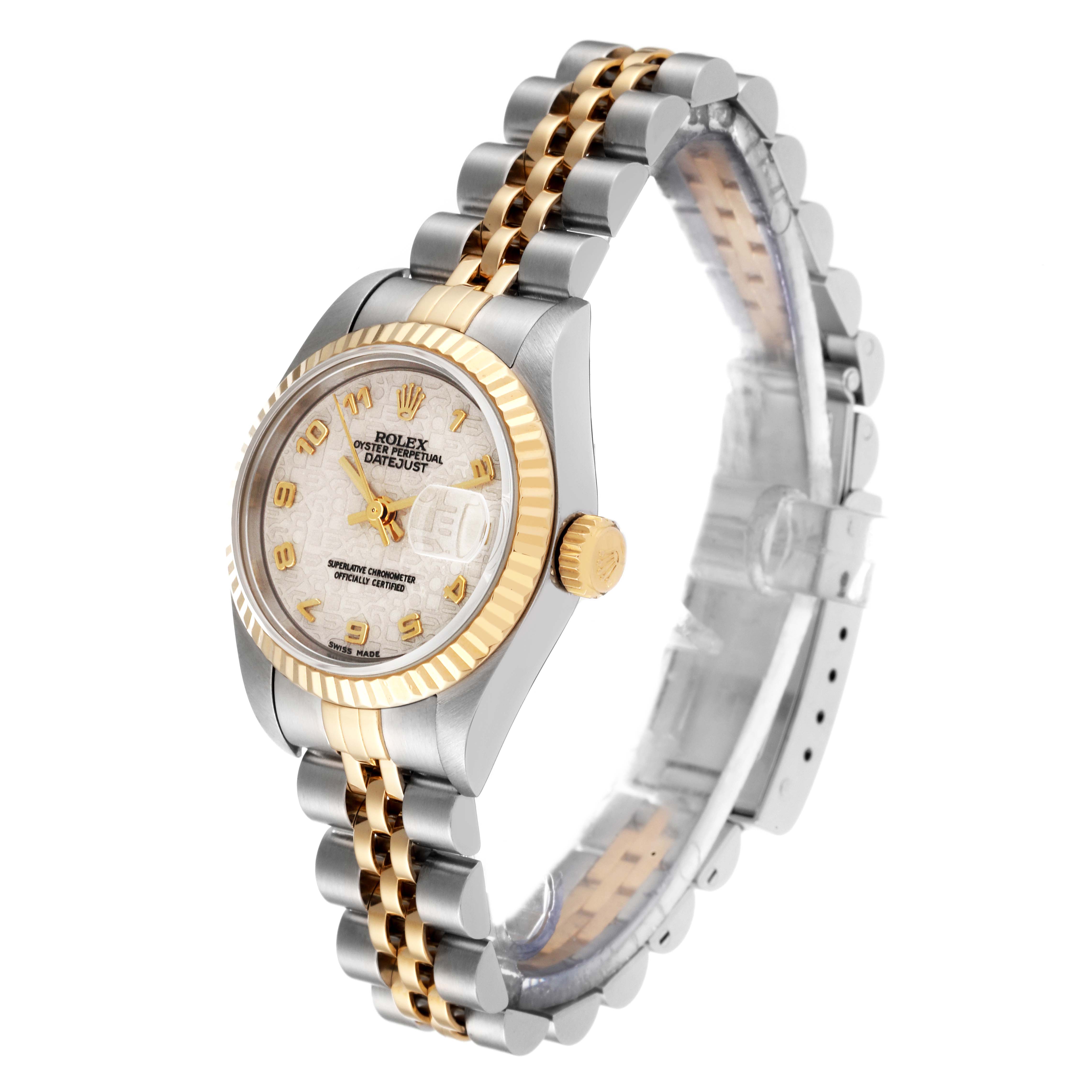 This image showcases a Rolex Datejust 79173 Women's Steel and Gold (two tone) White Dial 79173 Women's Steel and Gold (two tone) White Dial watch, focusing on its dial, bezel, and linked bracelet from an angled side view.