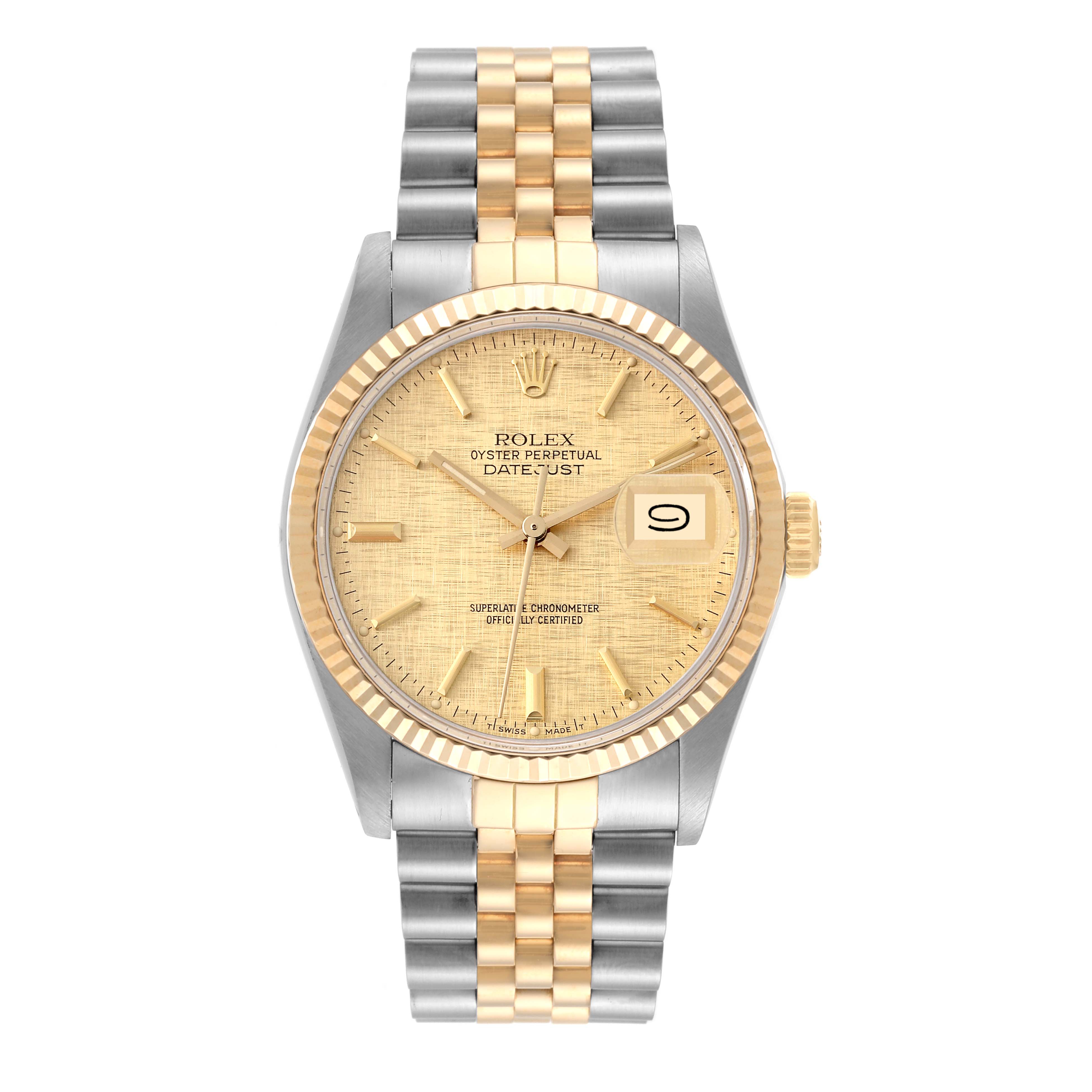 The Rolex Vintage Collection 16013 Men's Steel and Gold (two tone) Burgundy Dial 16013 Men's Steel and Gold (two tone) Burgundy Dial model Datejust is shown from a top-down angle, displaying its face, bezel, and two-tone bracelet.