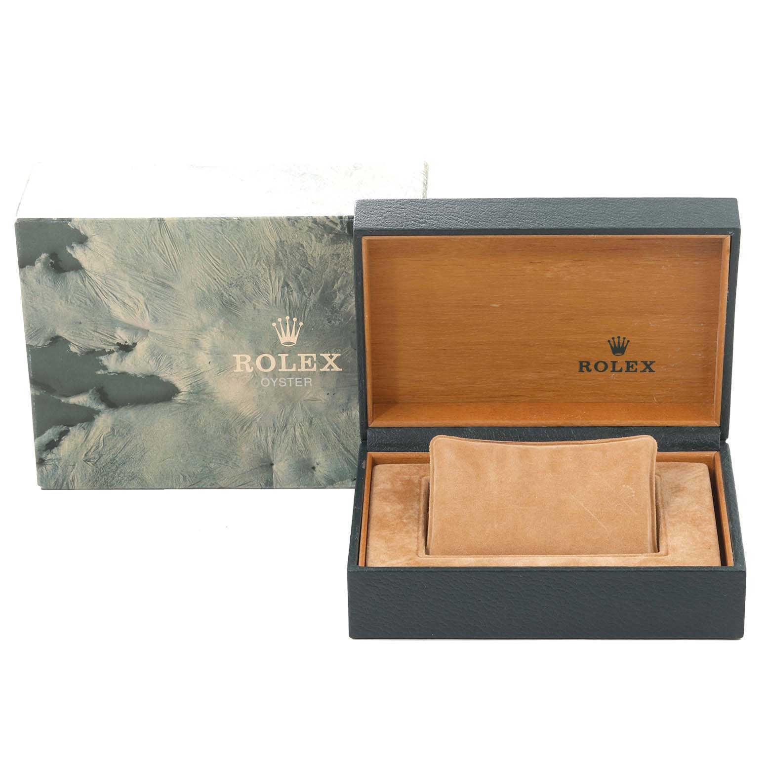 The image shows an open Vintage Collection Rolex watch box and its outer packaging, both prominently displaying the Rolex branding.