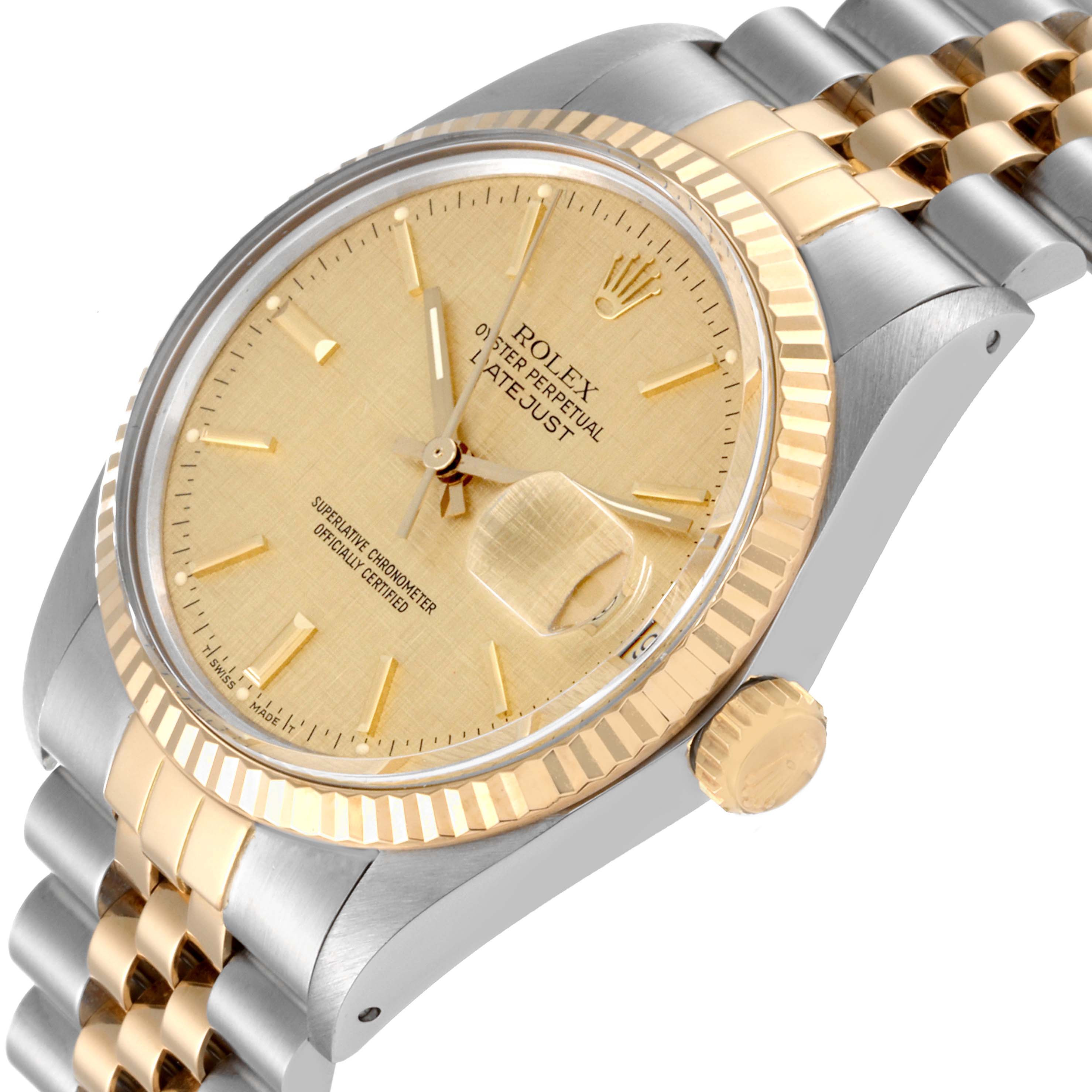 The Rolex Vintage Collection 16013 Men's Steel and Gold (two tone) Burgundy Dial 16013 Men's Steel and Gold (two tone) Burgundy Dial model is shown at a side angle, displaying the dial, crown, bezel, and part of the bracelet.