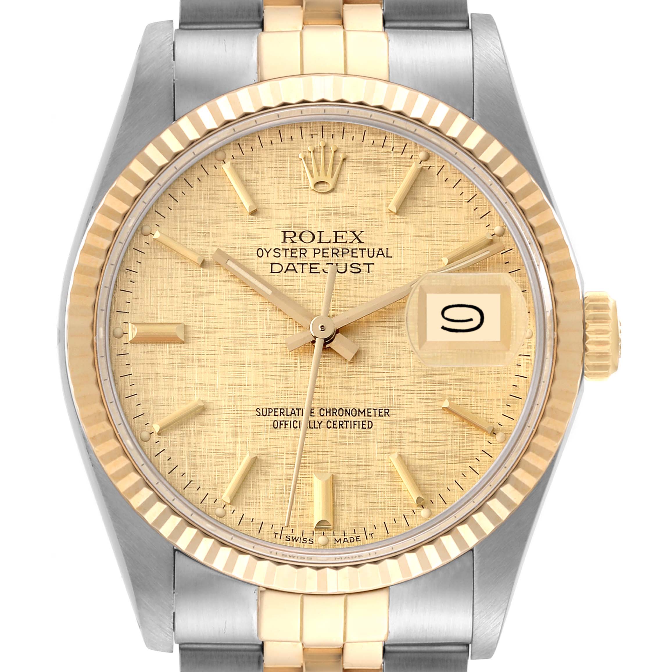 The image shows a front view of a Rolex Vintage Collection 16013 Men's Steel and Gold (two tone) Burgundy Dial 16013 Men's Steel and Gold (two tone) Burgundy Dial Datejust watch, displaying its dial, bezel, and part of the bracelet.