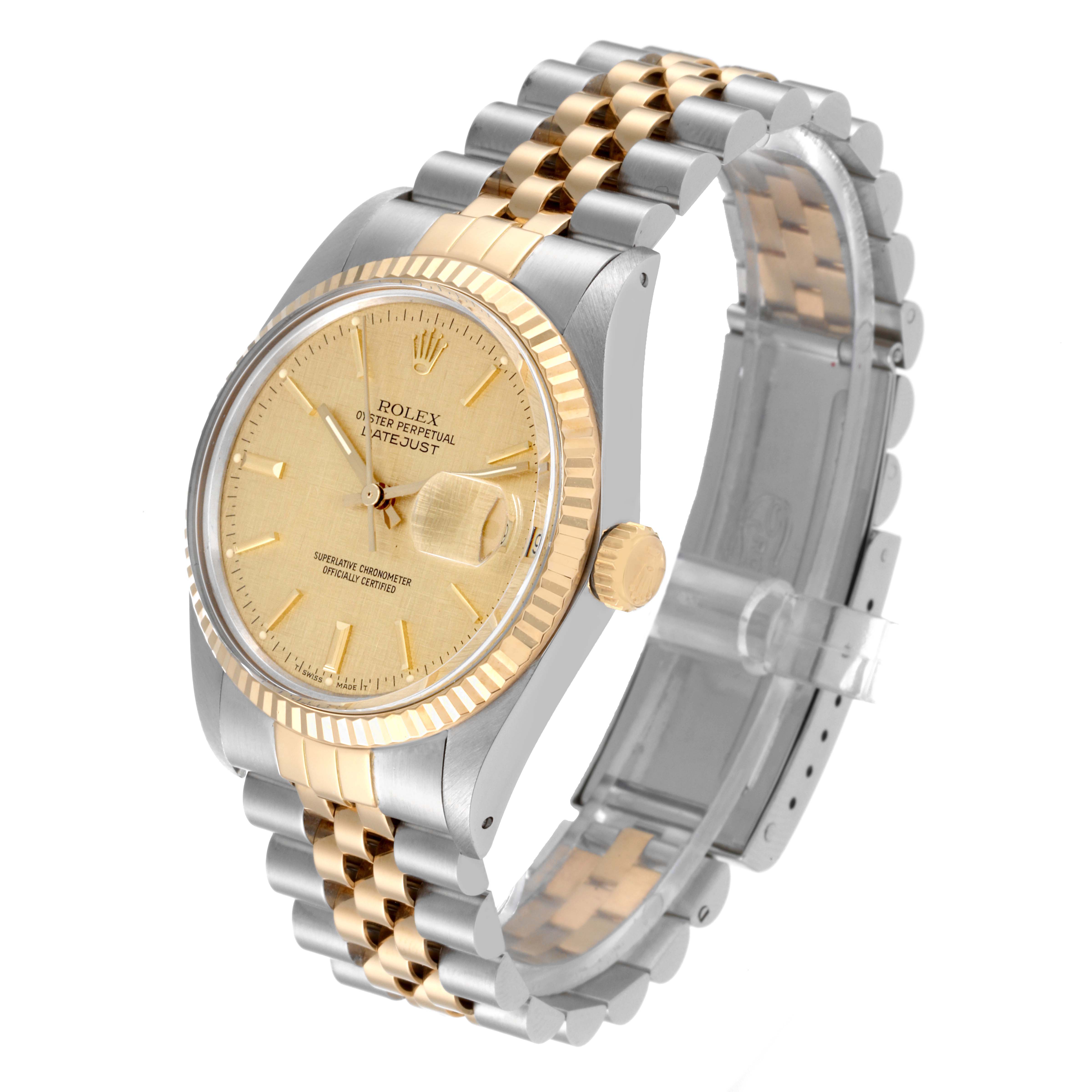 The angle shows a Rolex Vintage Collection 16013 Men's Steel and Gold (two tone) Burgundy Dial 16013 Men's Steel and Gold (two tone) Burgundy Dial watch model front and side, highlighting the gold face, bezel, and two-tone bracelet.